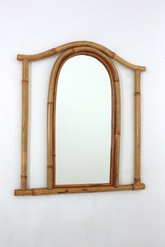 Spanish Rattan Arch Top Mirror with Geometric Frame, Pagoda Design, 1960s