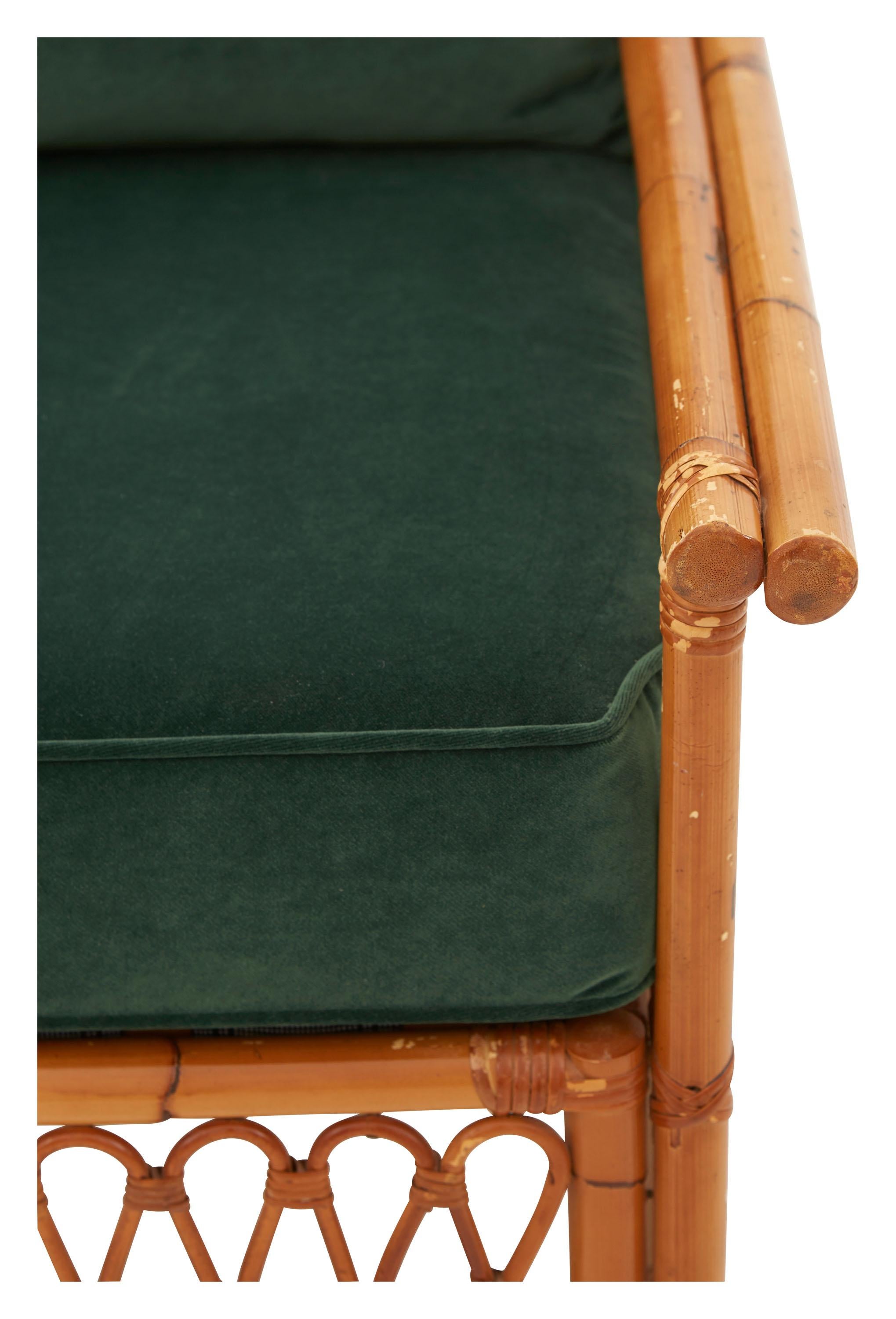 Spanish Rattan Armchair with Emerald Green Velvet Cushions at 1stDibs