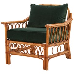 Spanish Rattan Armchair with Emerald Green Velvet Cushions