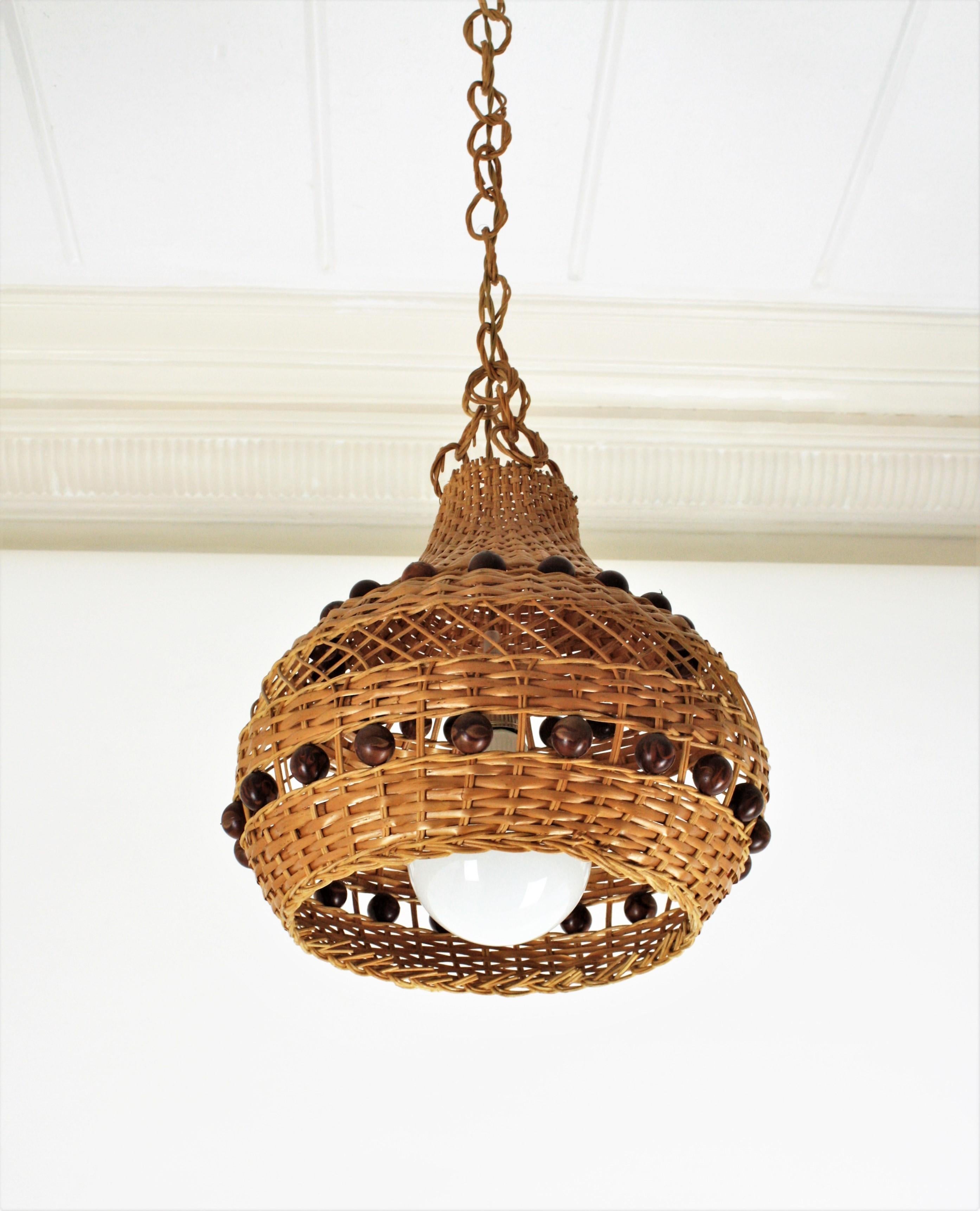 Spanish Rattan Pendant Light / Lantern with Balls Accents For Sale 2