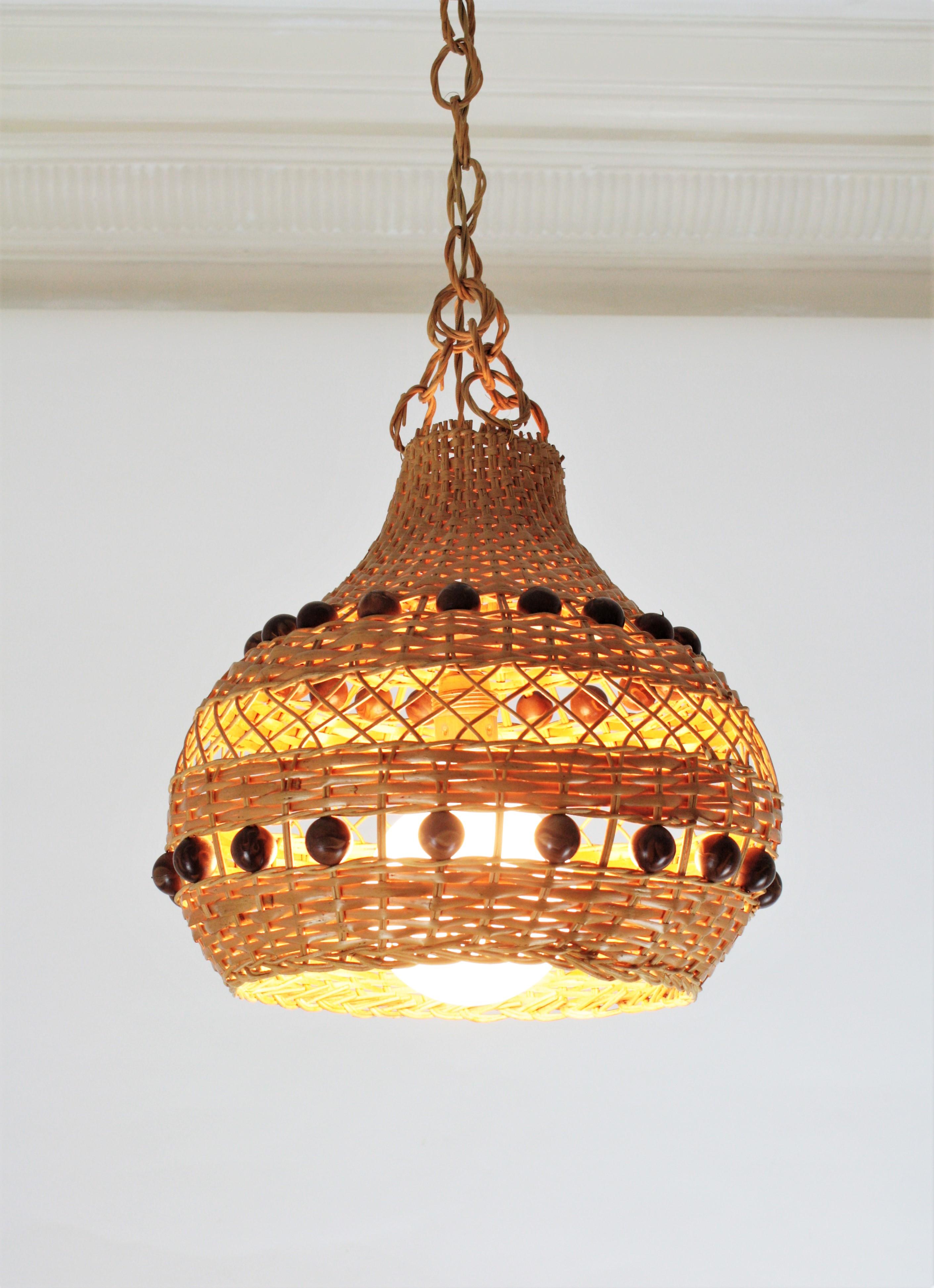 Spanish Rattan Pendant Light / Lantern with Balls Accents For Sale 3