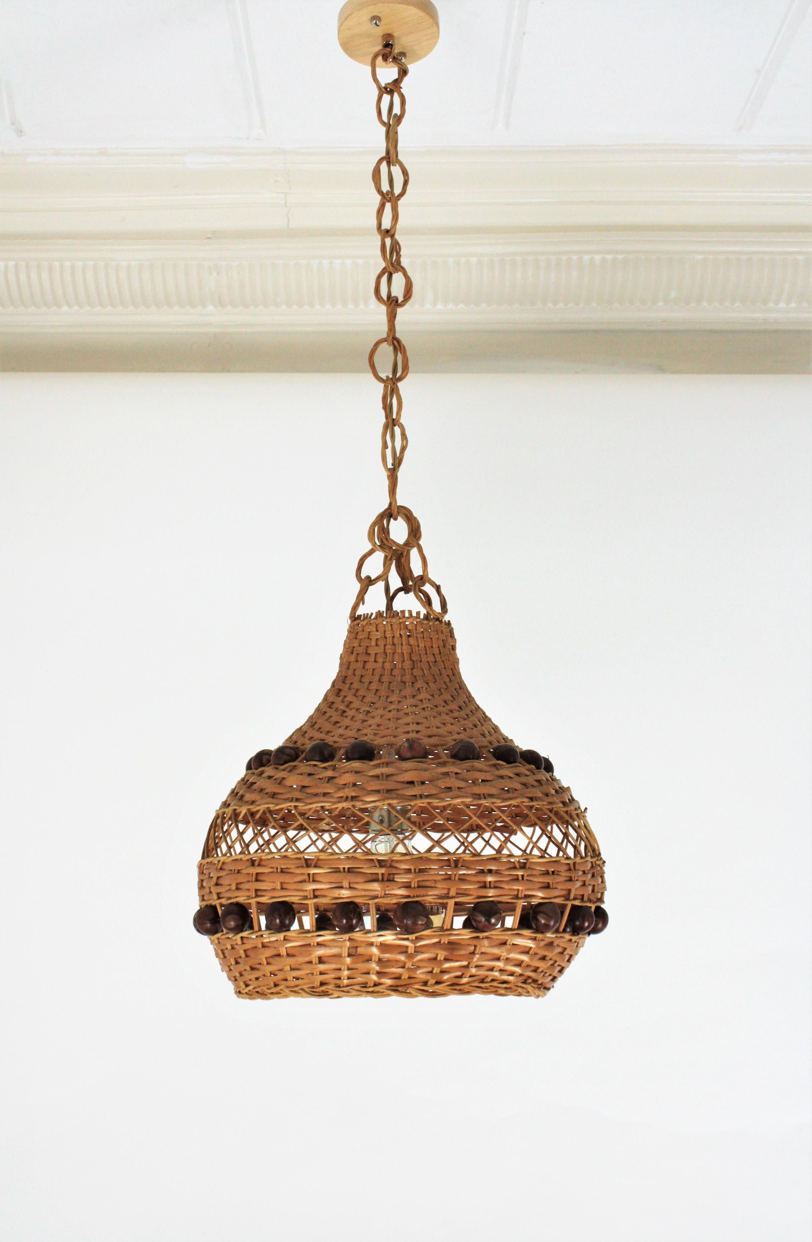 Spanish Rattan Pendant Light / Lantern with Balls Accents For Sale 4