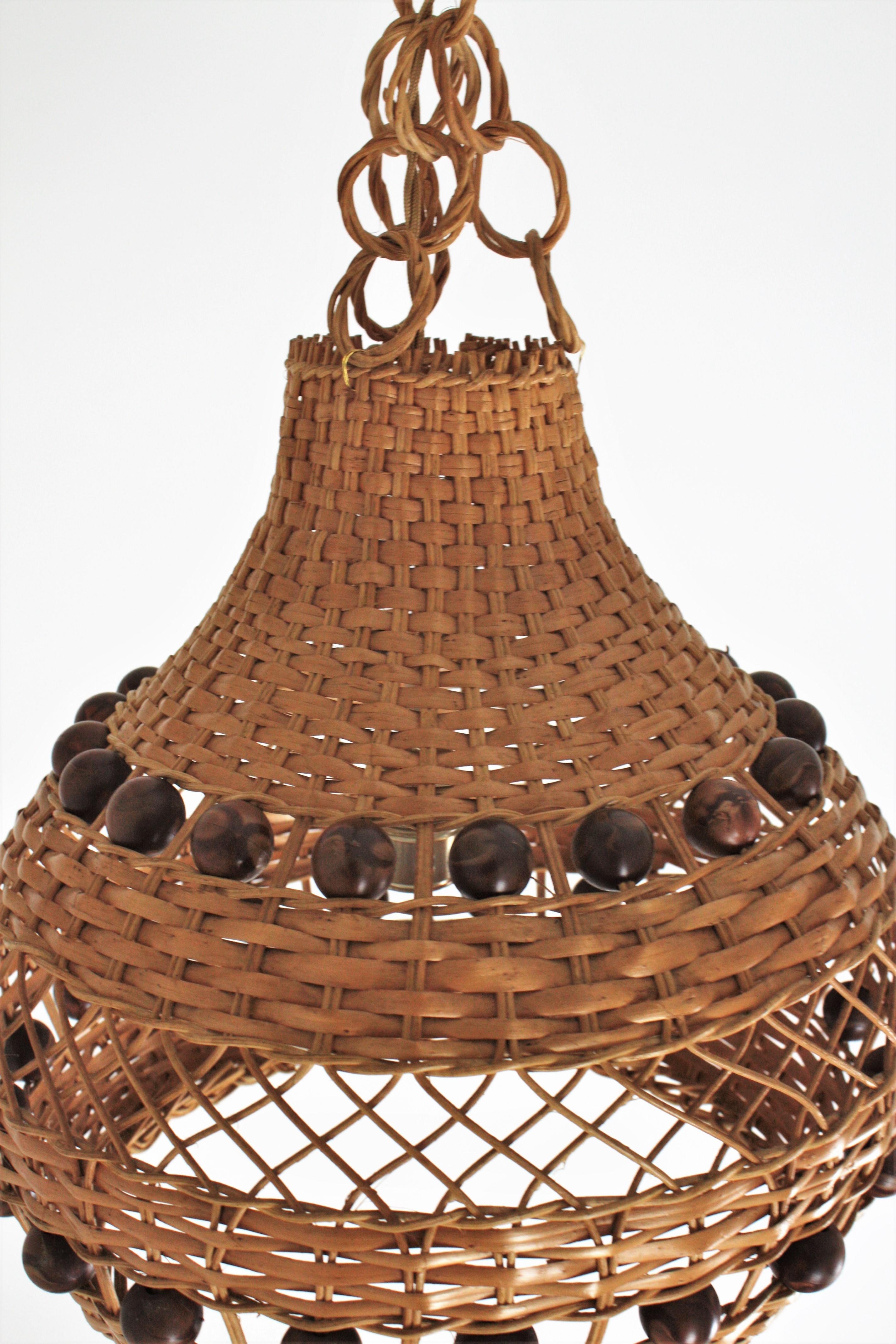 Spanish Rattan Pendant Light / Lantern with Balls Accents For Sale 5