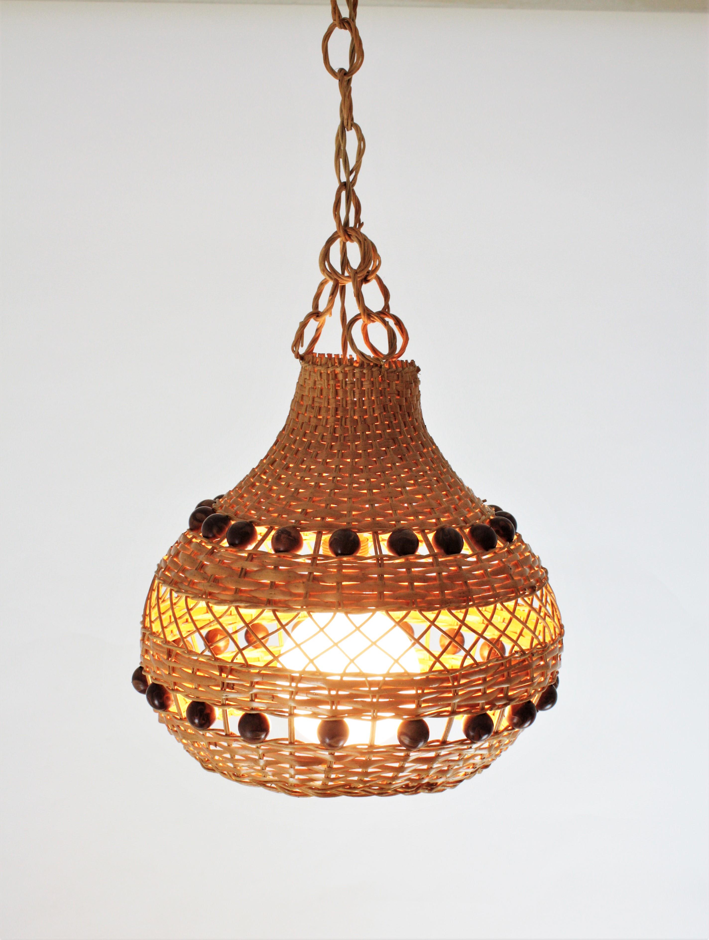 Spanish Rattan Pendant Light / Lantern with Balls Accents For Sale 7