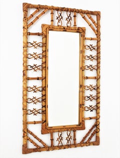 Spanish Rattan Bamboo Mirror in Chinoiserie Design, 1960s