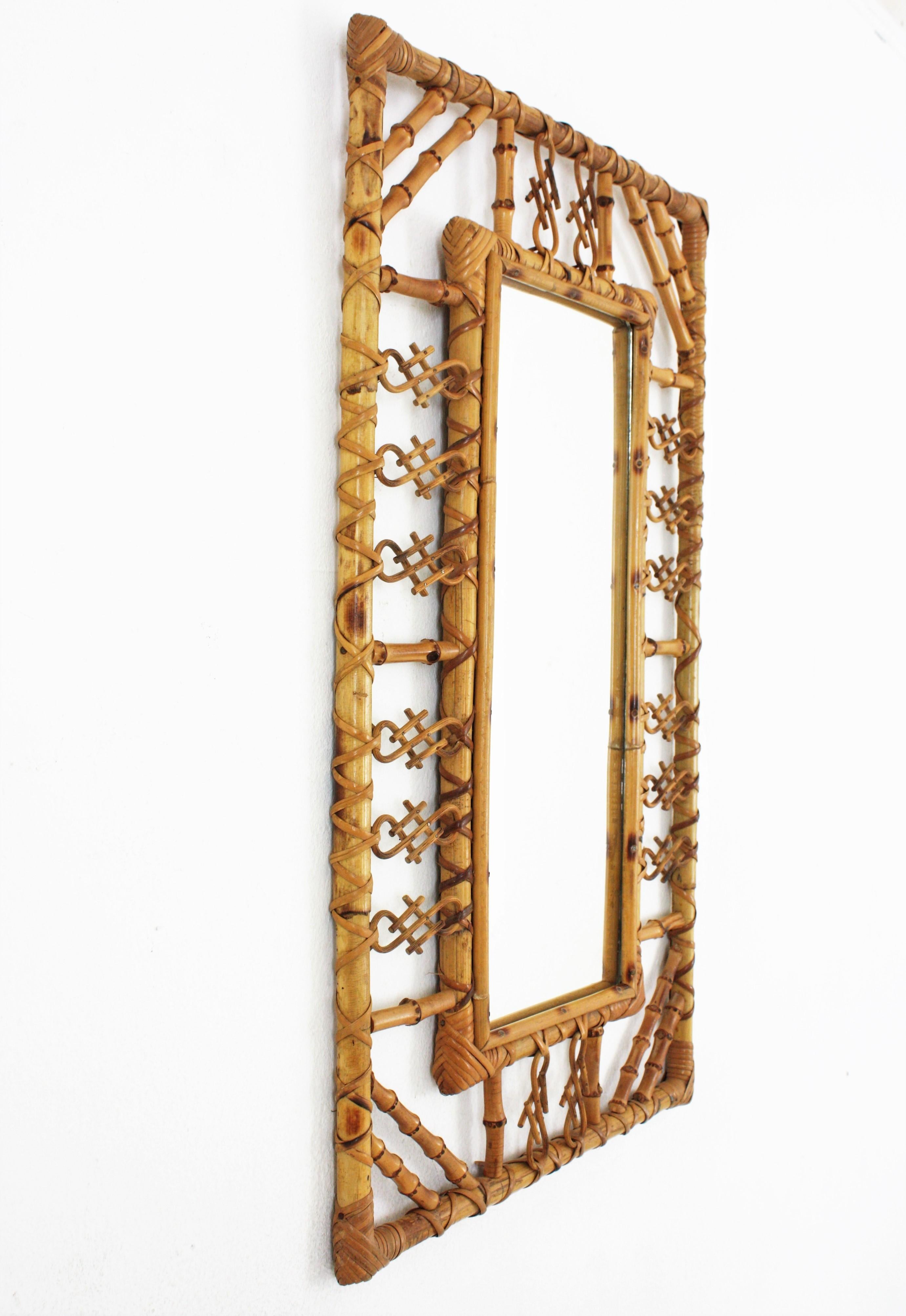 Hand-Crafted Spanish Rattan Bamboo Mirror in Chinoiserie Design, 1960s For Sale