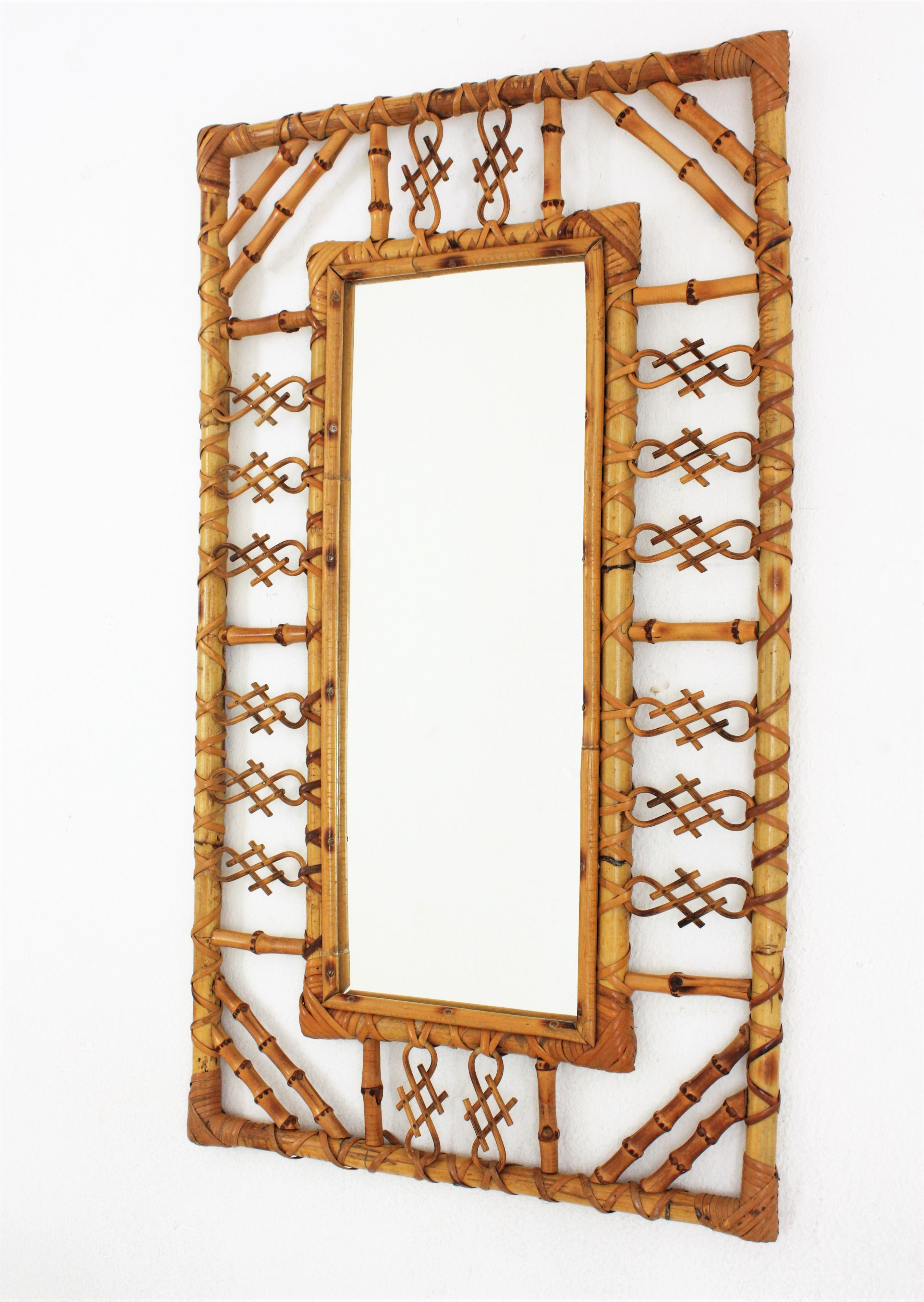 Spanish Rattan Bamboo Mirror in Chinoiserie Design, 1960s For Sale 1