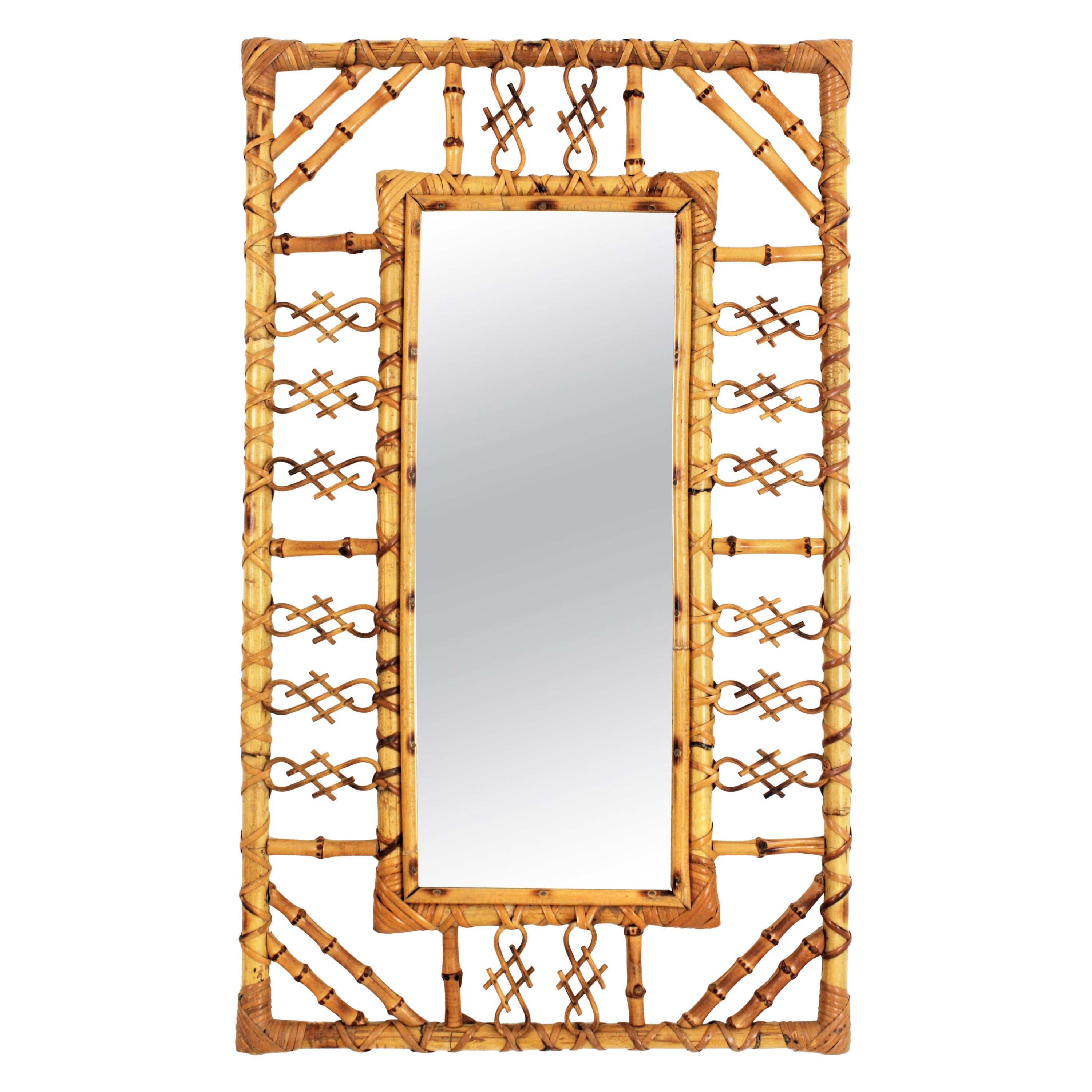 Spanish Rattan Bamboo Mirror in Chinoiserie Design, 1960s