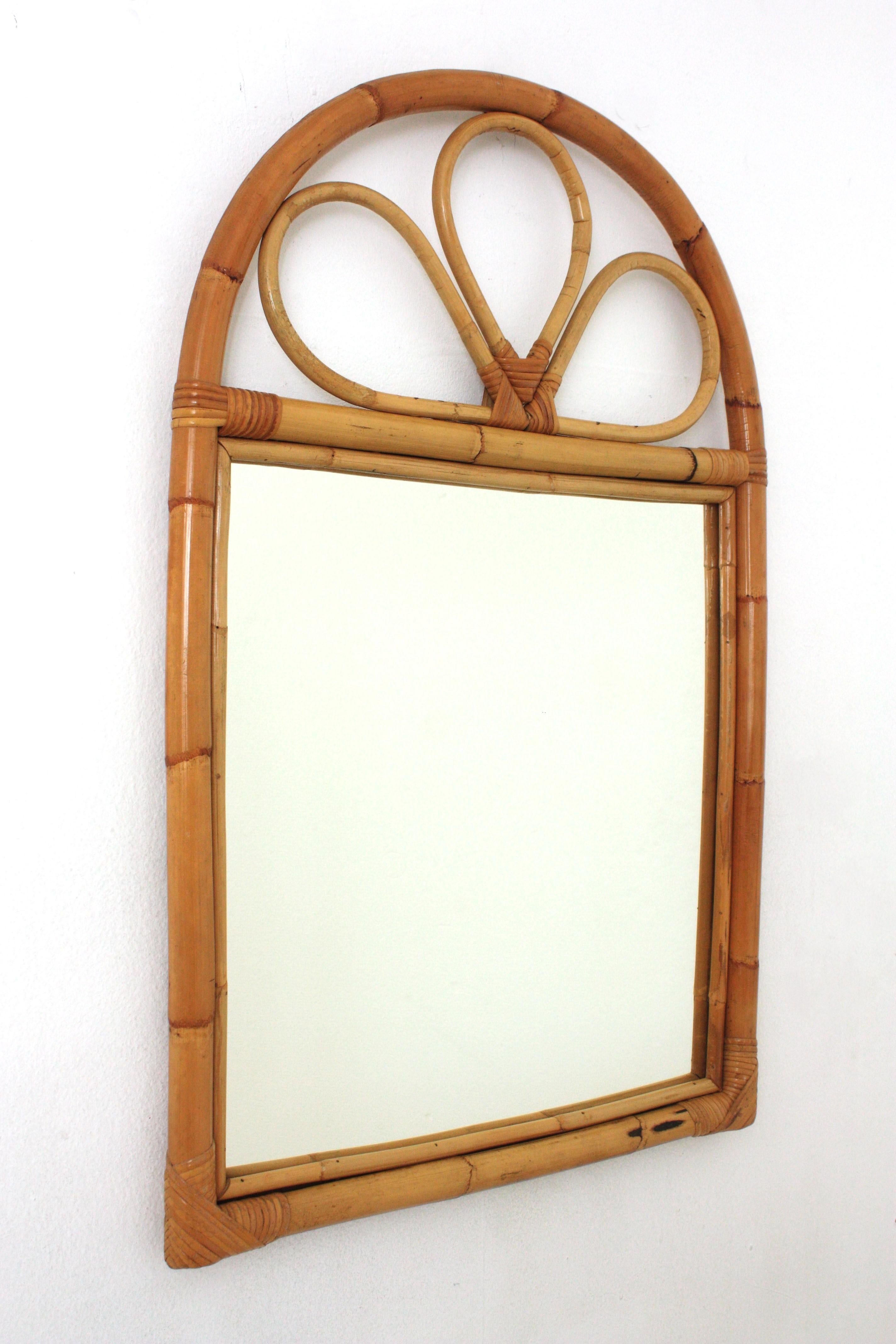 Mid-Century Modern Spanish Rattan Bamboo Mirror with Arched Top, 1960s For Sale
