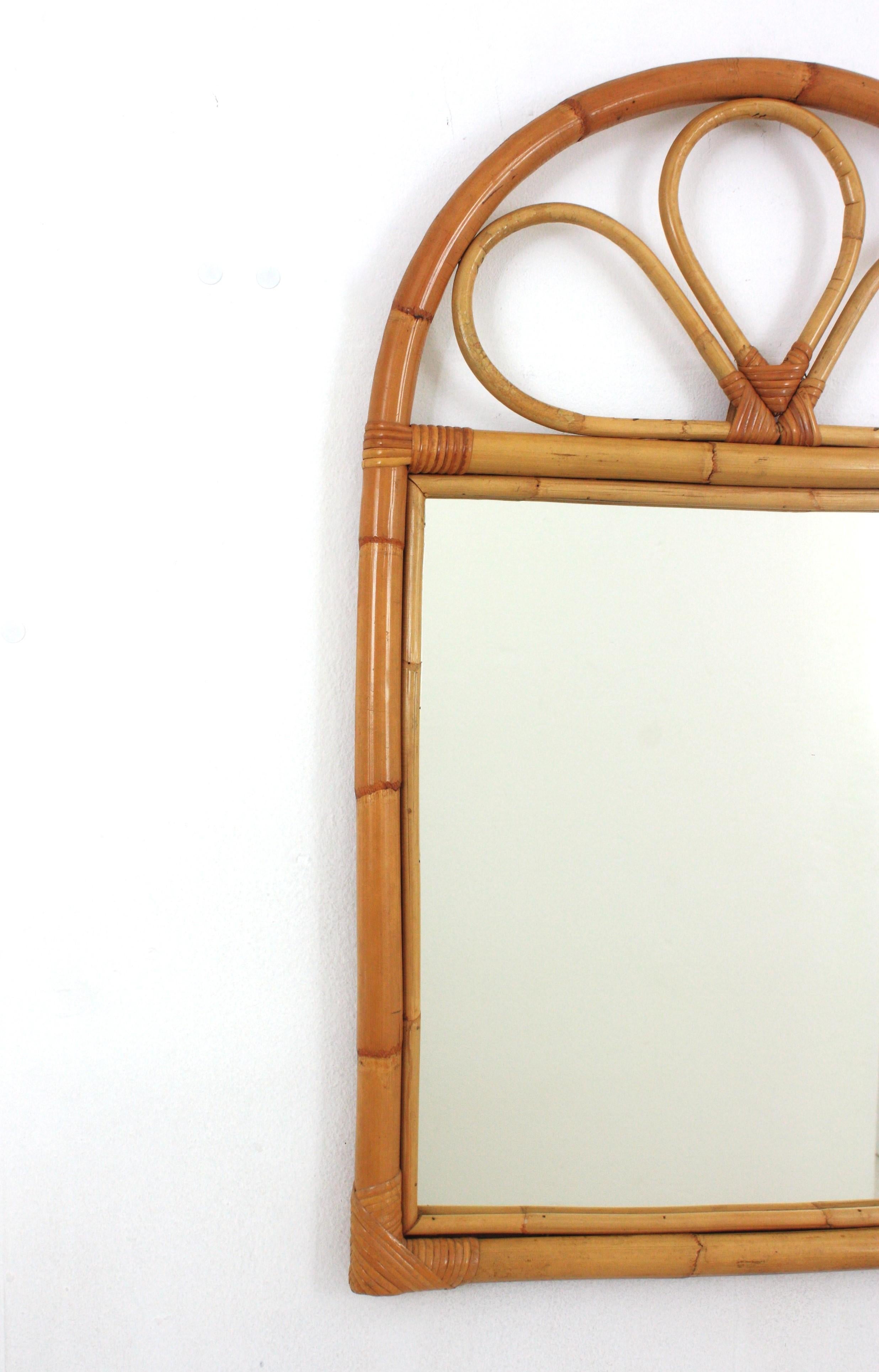 20th Century Spanish Rattan Bamboo Mirror with Arched Top, 1960s For Sale