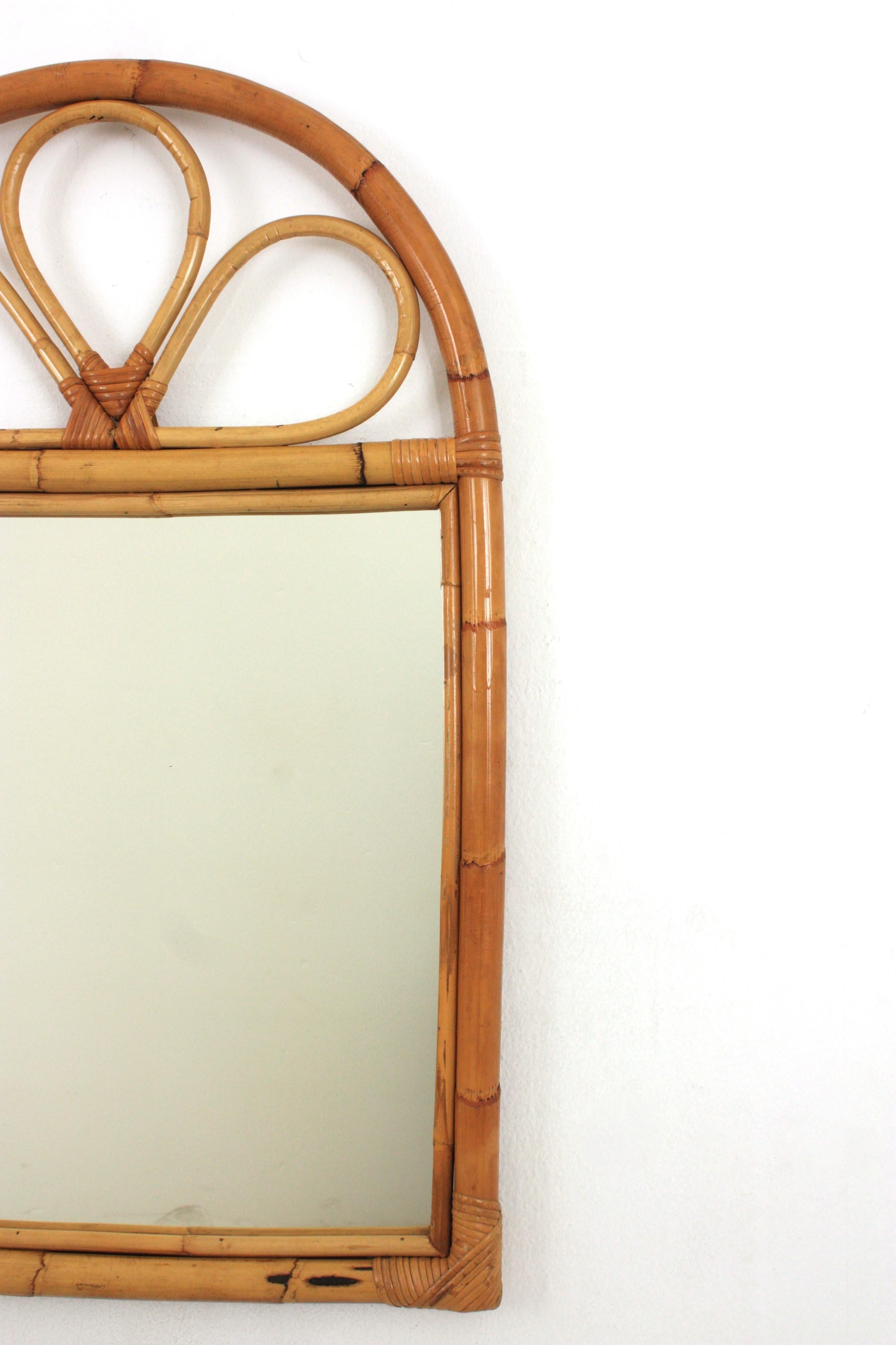 Spanish Rattan Bamboo Mirror with Arched Top, 1960s For Sale 1