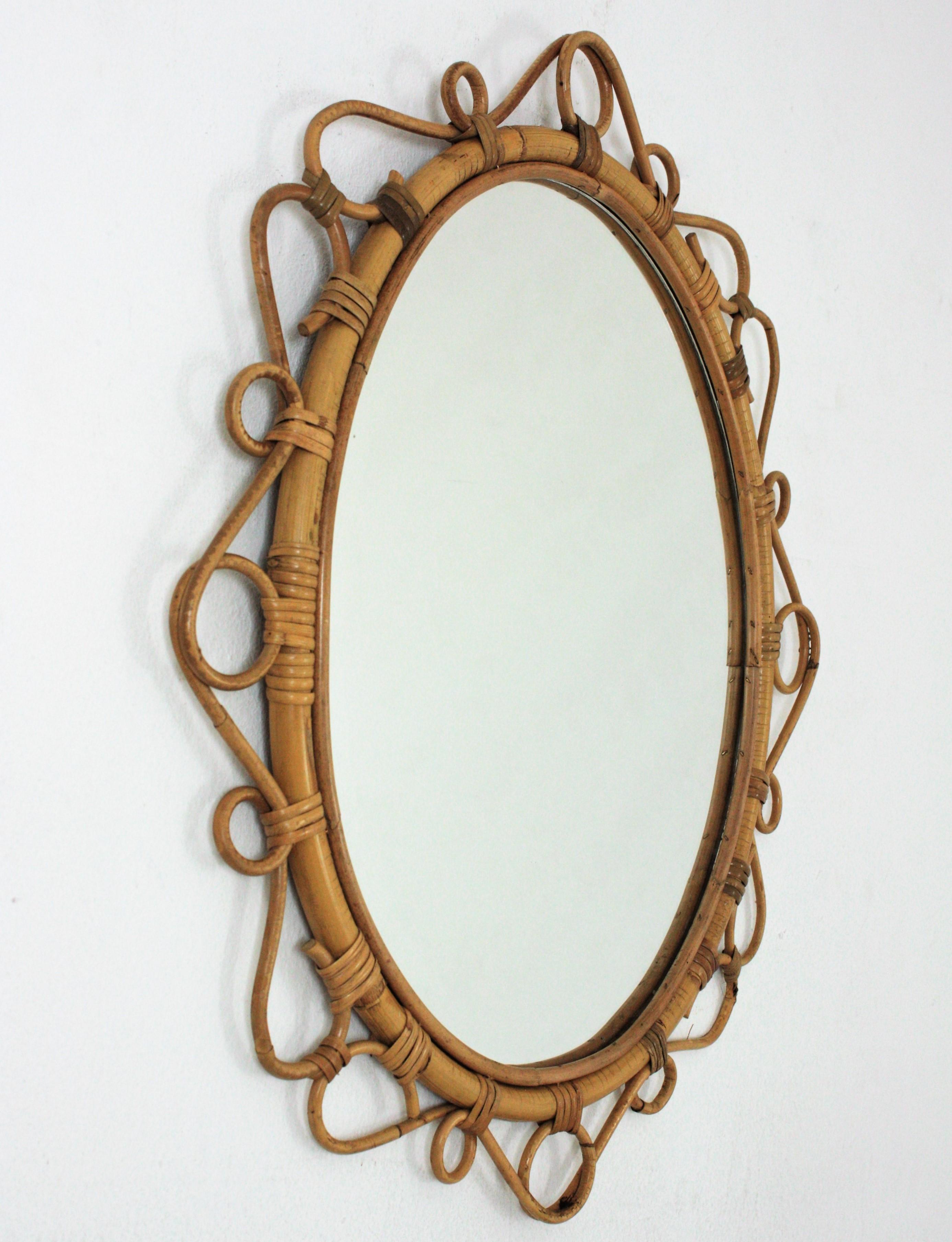 Hand-Crafted Spanish Rattan Bamboo Oval Mirror, 1960s