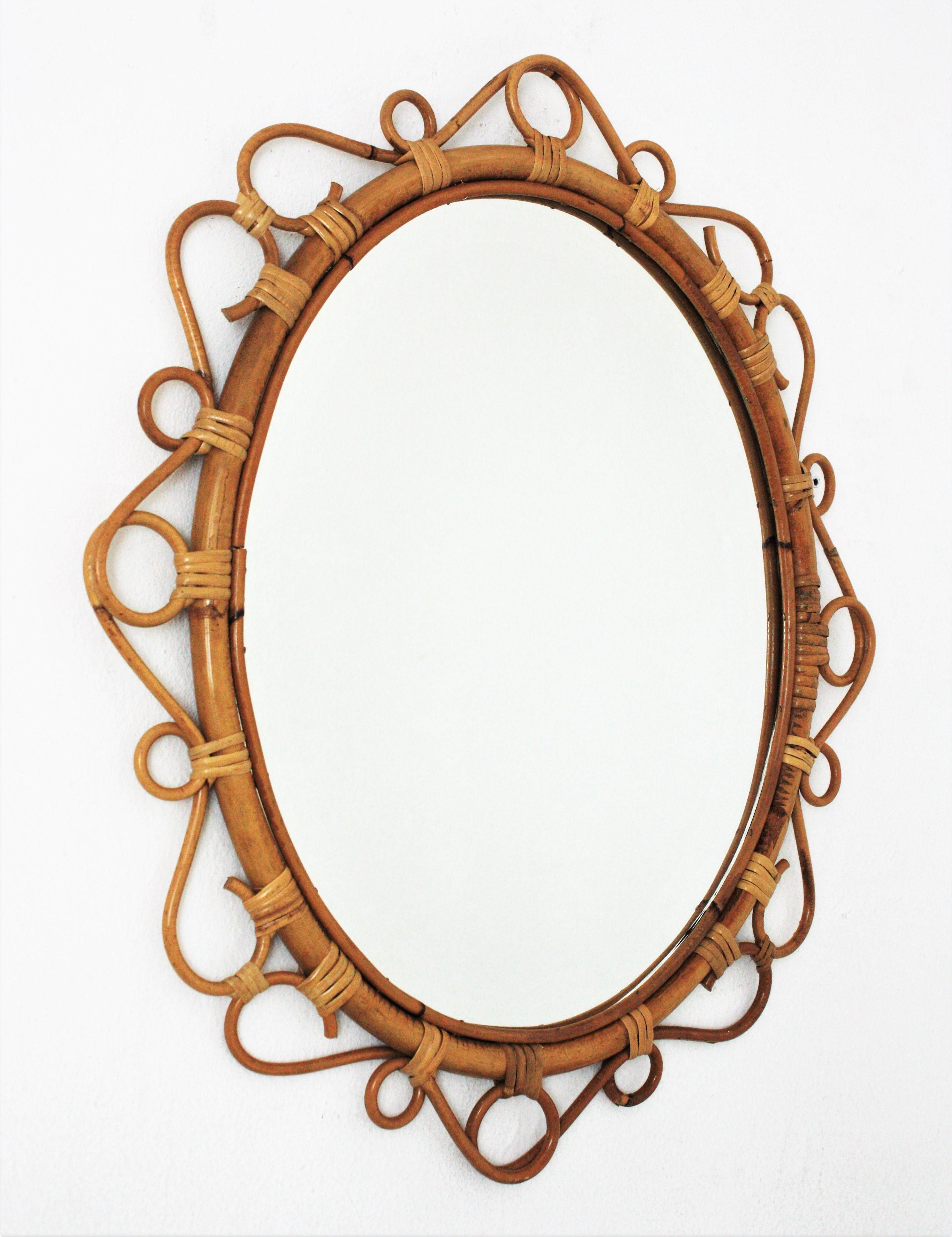 Mid-Century Modern Spanish Rattan Bamboo Oval Mirror, 1960s 