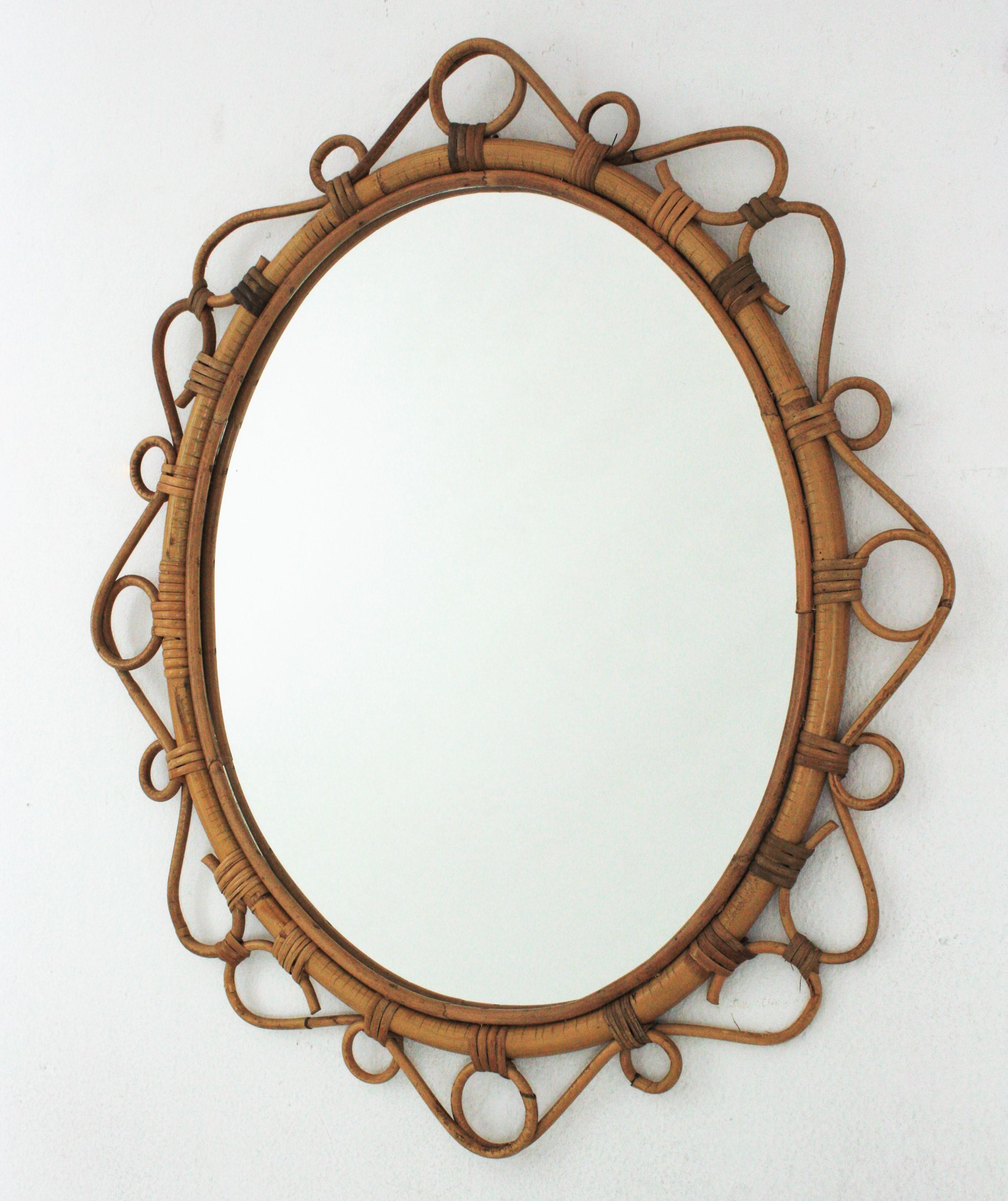 Spanish Rattan Bamboo Oval Mirror, 1960s In Good Condition In Barcelona, ES