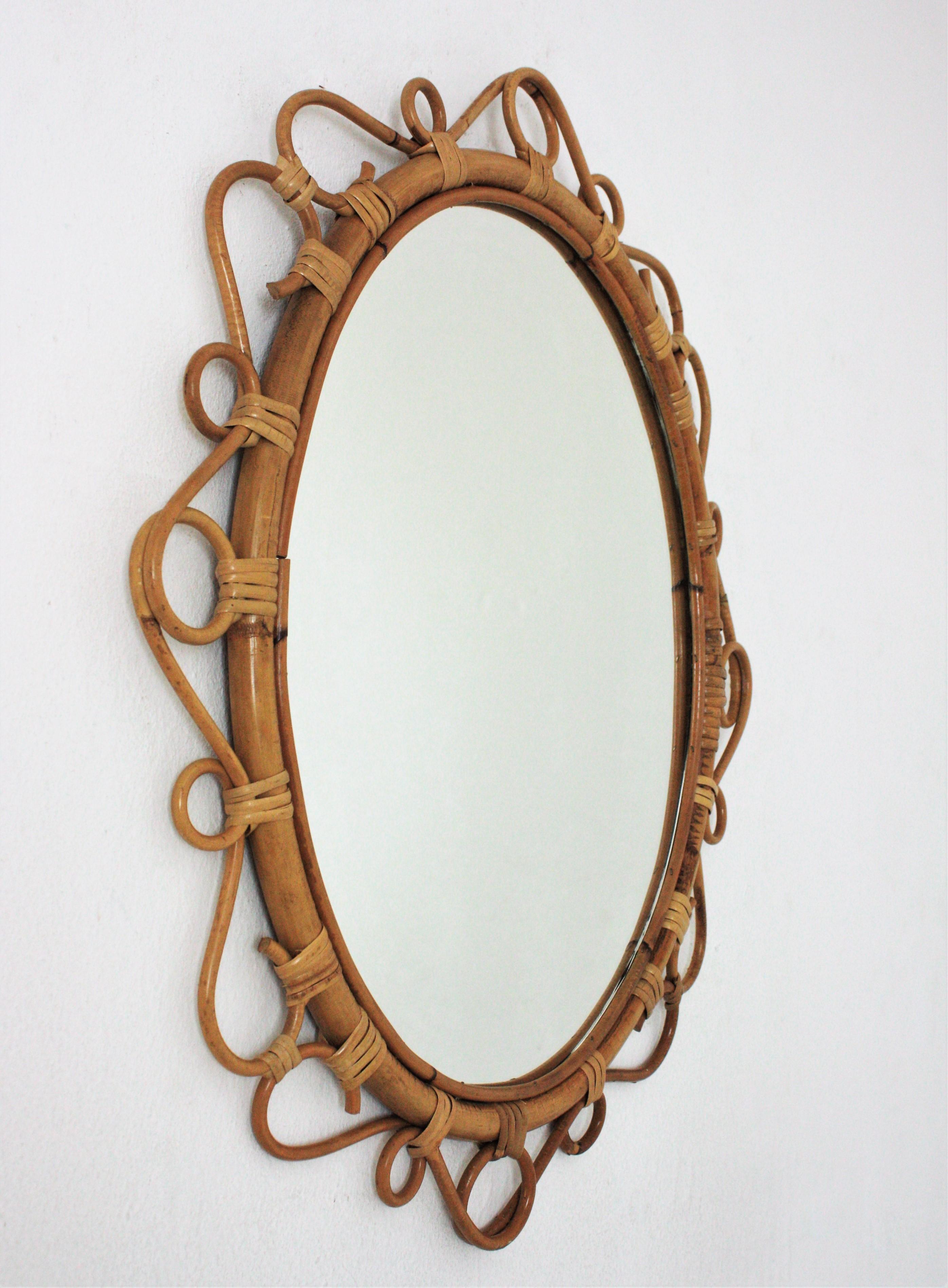 Hand-Crafted Spanish Rattan Bamboo Oval Mirror, 1960s 
