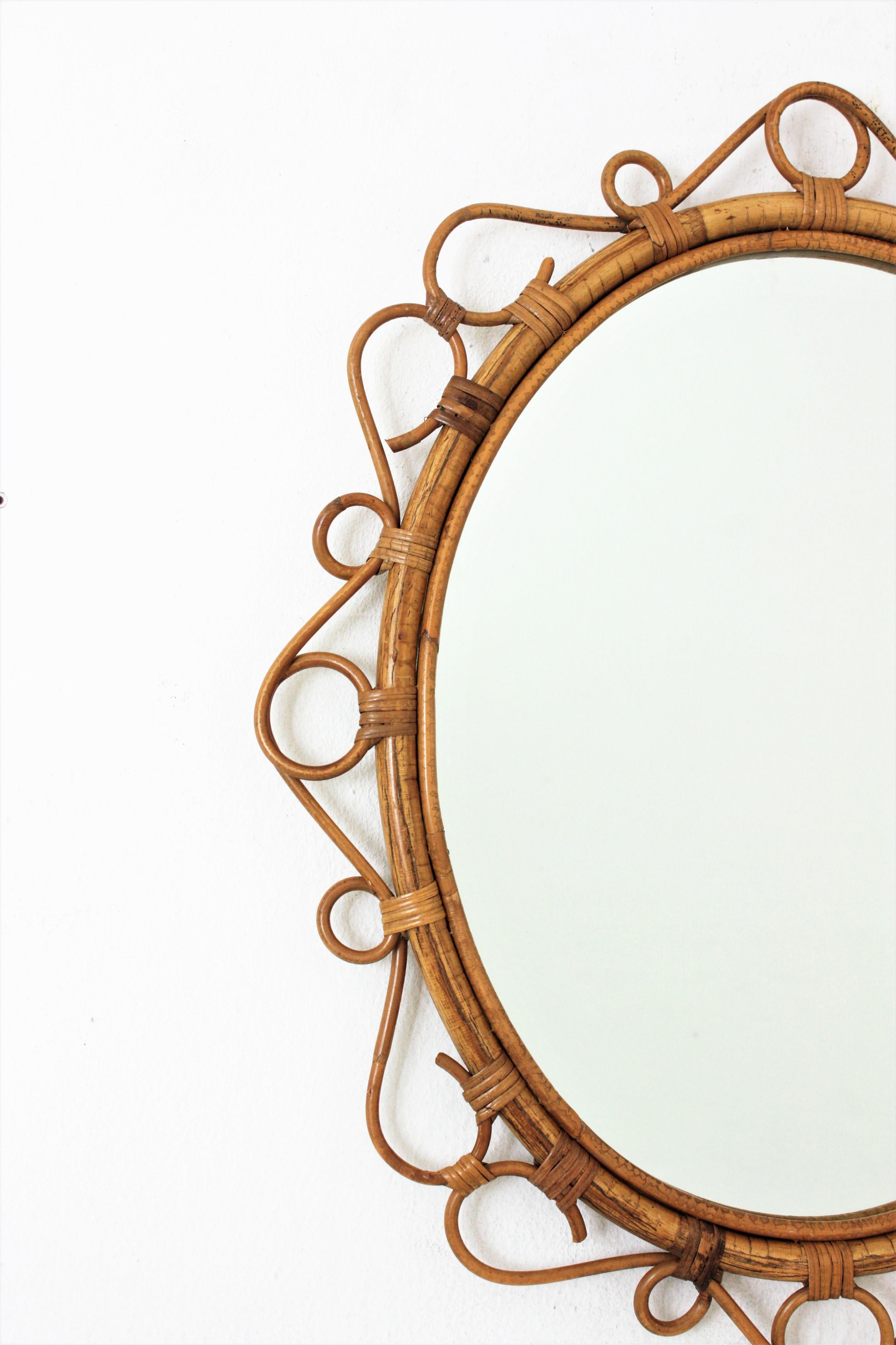 Mid-Century Modern Spanish Rattan Bamboo Oval Mirror, 1960s For Sale