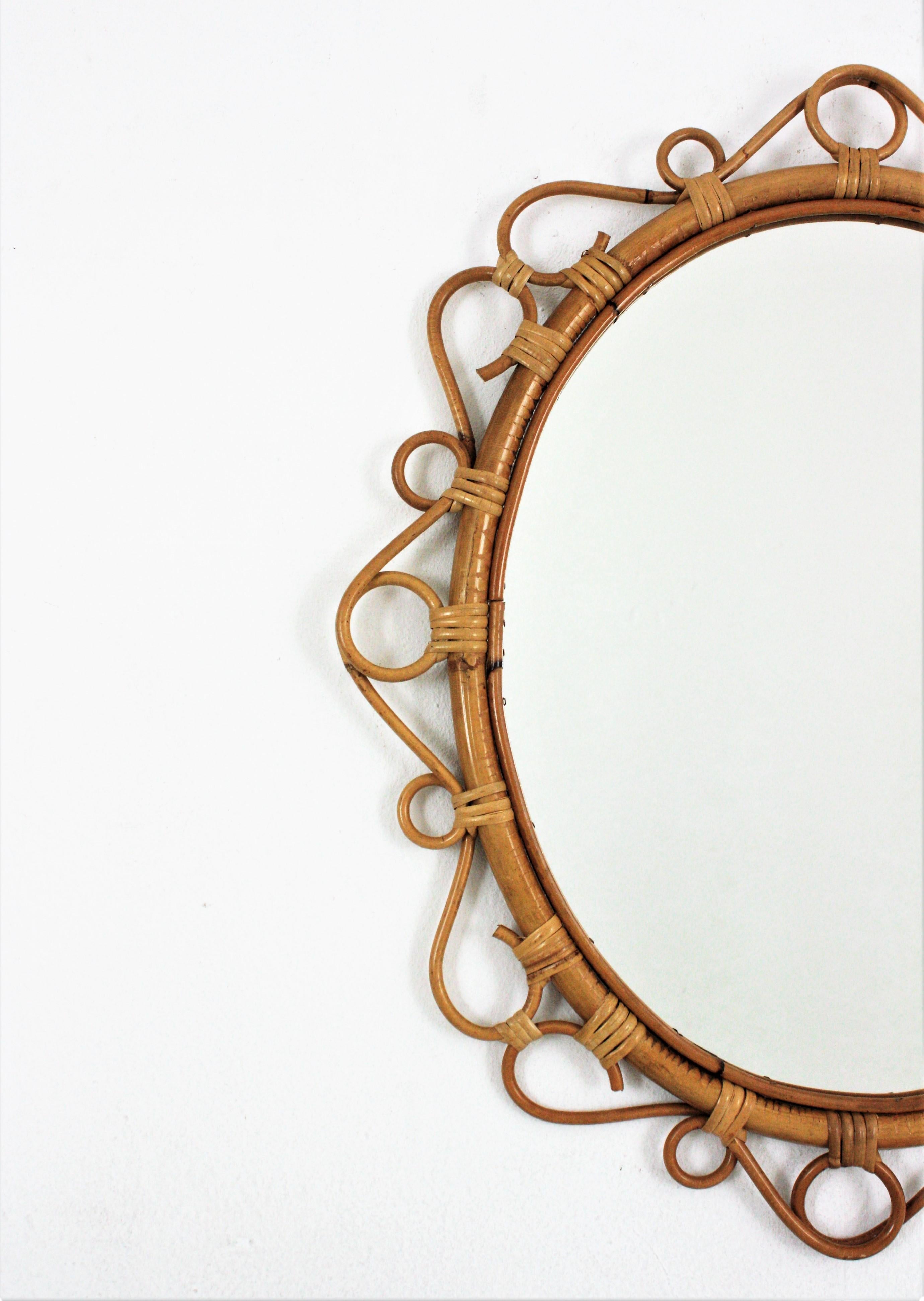 Spanish Rattan Bamboo Oval Mirror, 1960s  In Good Condition In Barcelona, ES