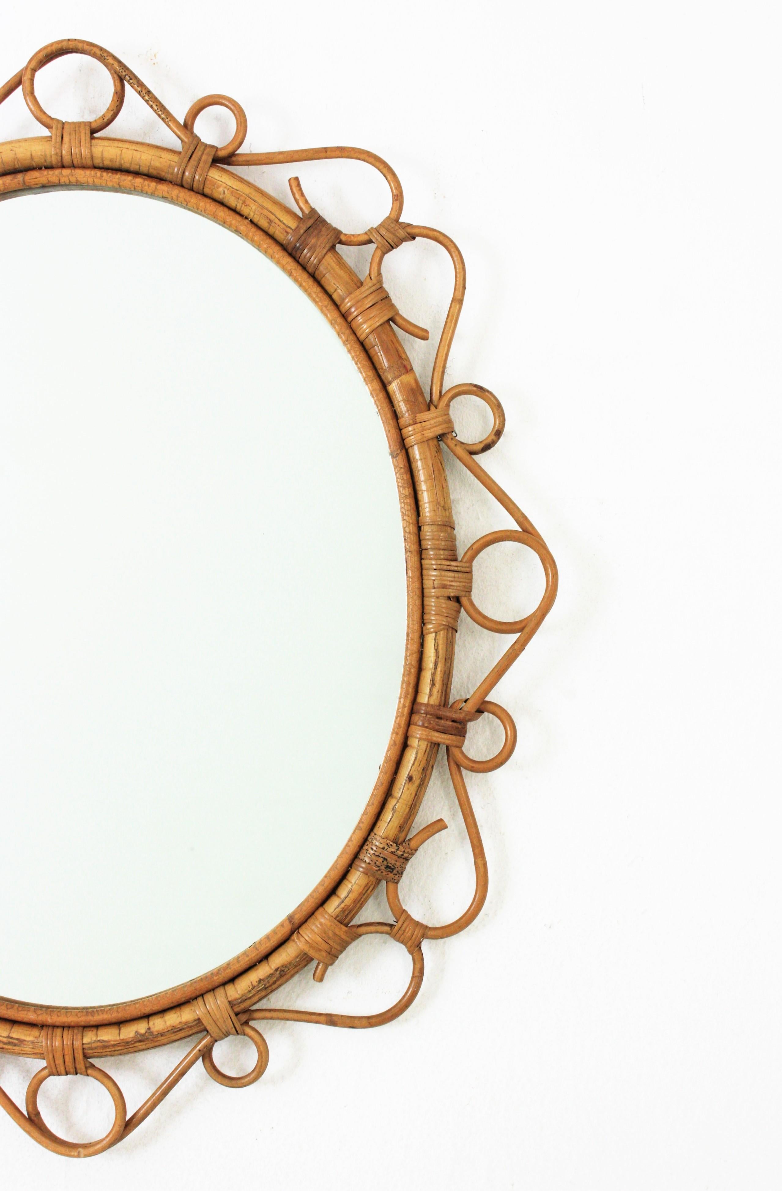 Hand-Crafted Spanish Rattan Bamboo Oval Mirror, 1960s For Sale