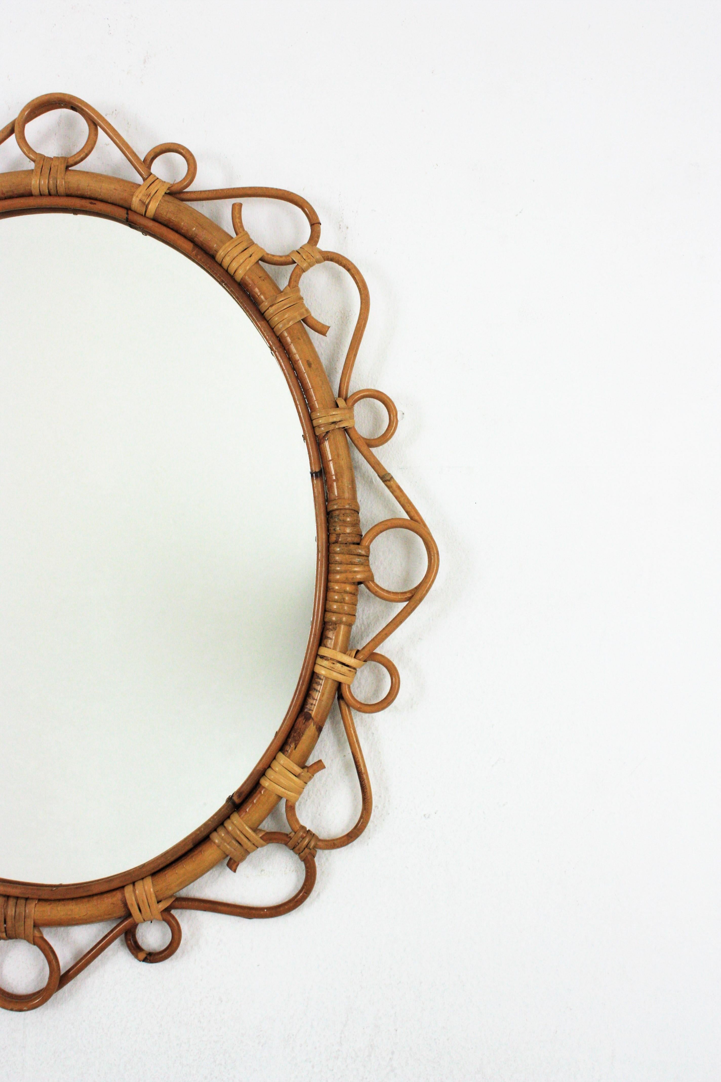 20th Century Spanish Rattan Bamboo Oval Mirror, 1960s 