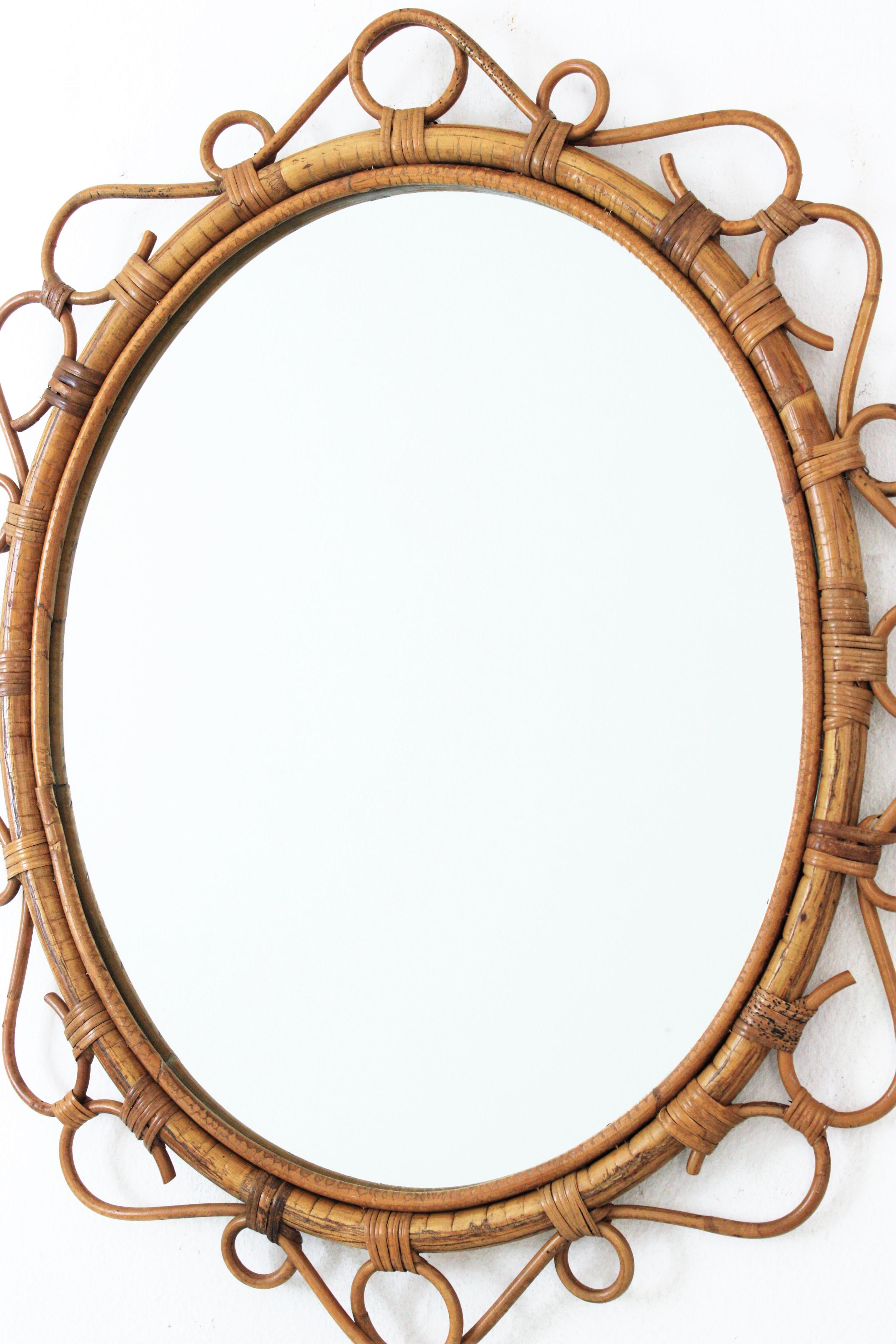 20th Century Spanish Rattan Bamboo Oval Mirror, 1960s For Sale