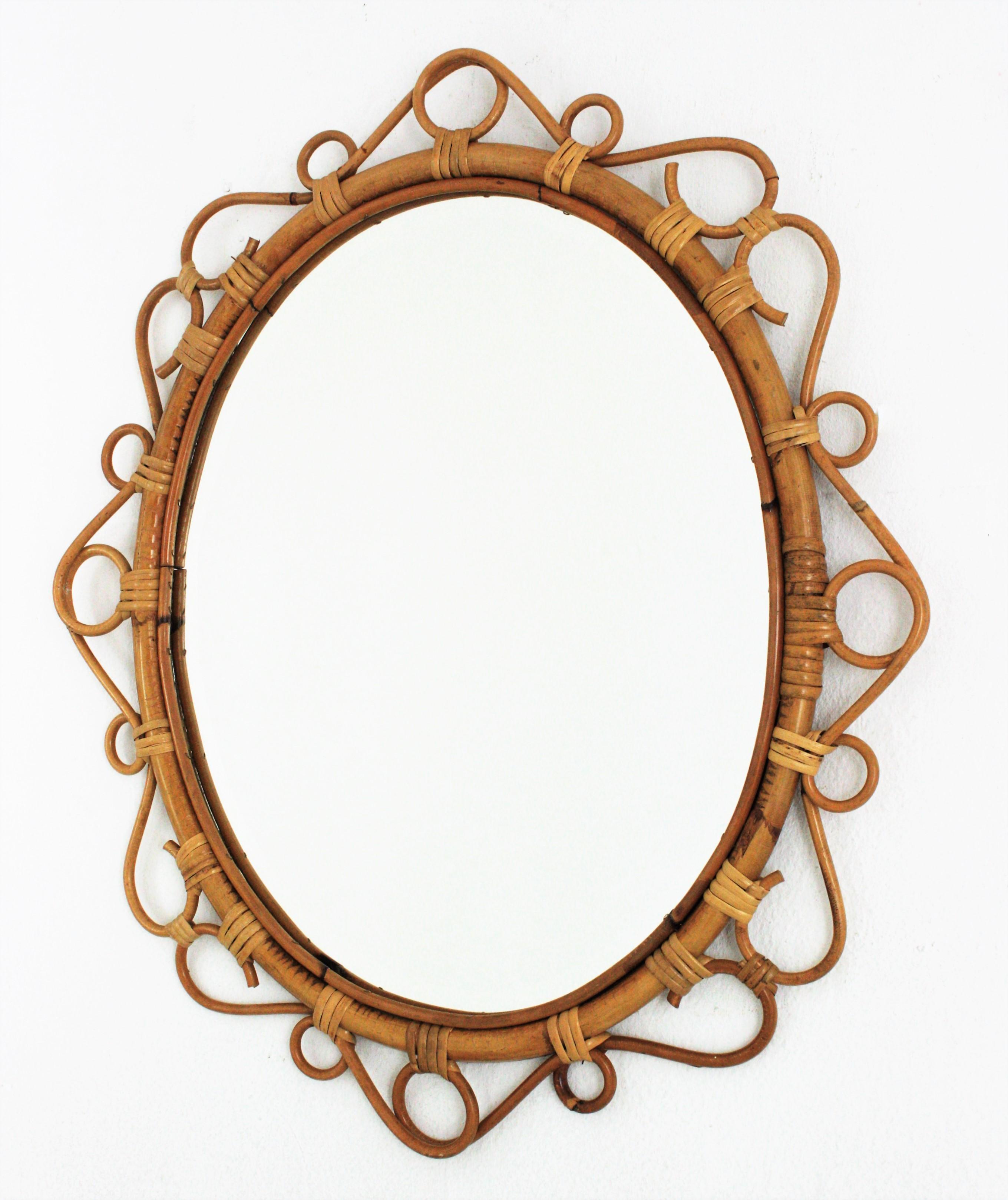 Spanish Rattan Bamboo Oval Mirror, 1960s  2