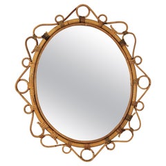 Spanish Rattan Bamboo Oval Mirror, 1960s