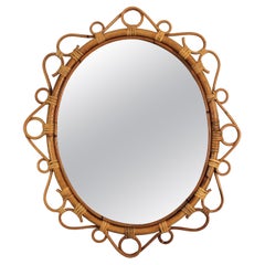Spanish Rattan Bamboo Oval Mirror, 1960s
