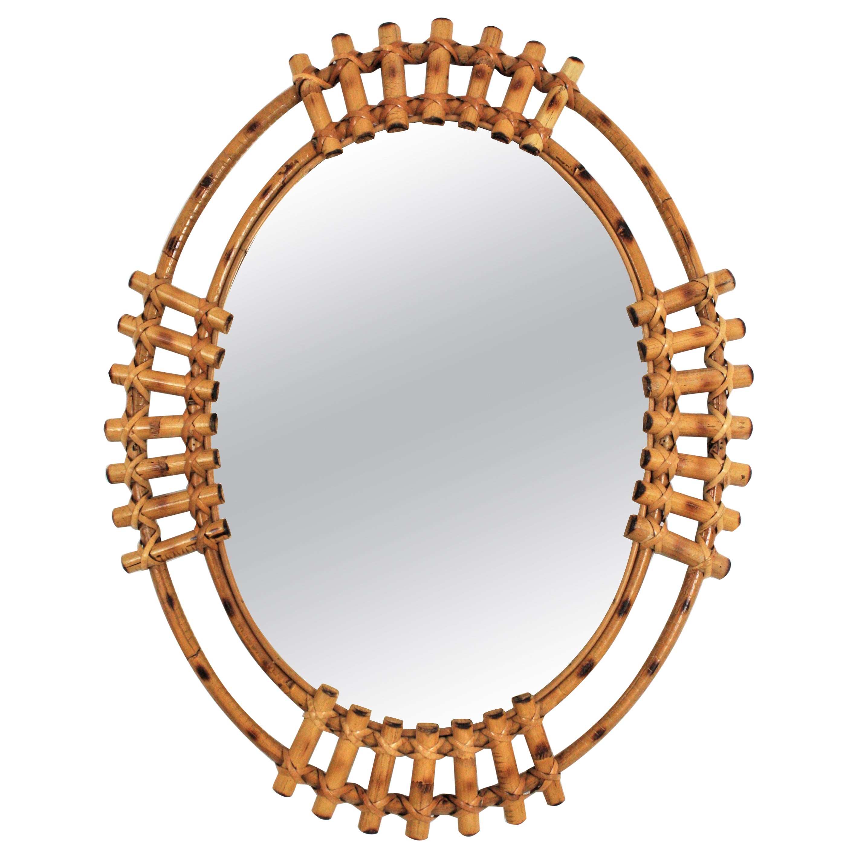 Spanish Rattan Bamboo Oval Sunburst Mirror, 1960s