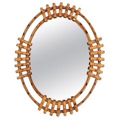Spanish Rattan Bamboo Oval Sunburst Mirror, 1960s