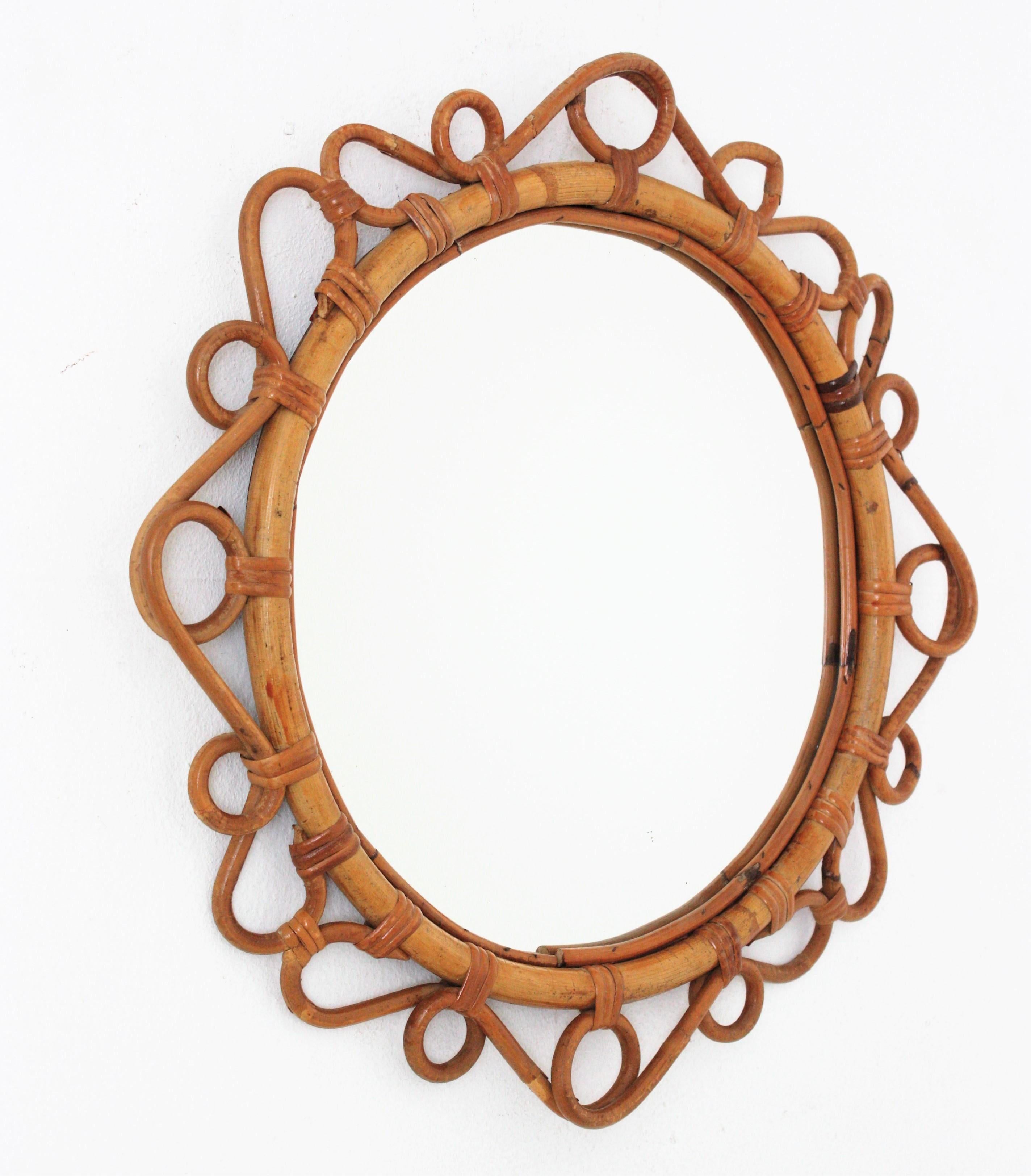 Mid-Century Modern Spanish Rattan Bamboo Round Mirror, 1960s For Sale