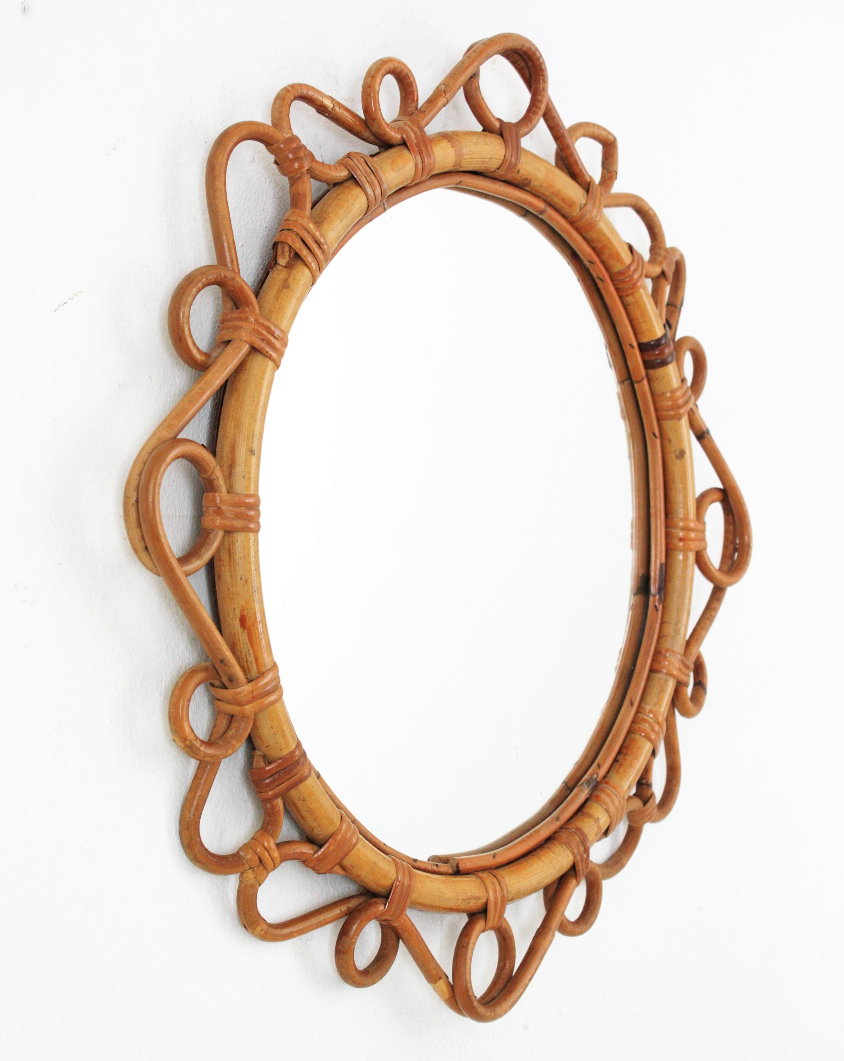 Hand-Crafted Spanish Rattan Bamboo Round Mirror, 1960s For Sale