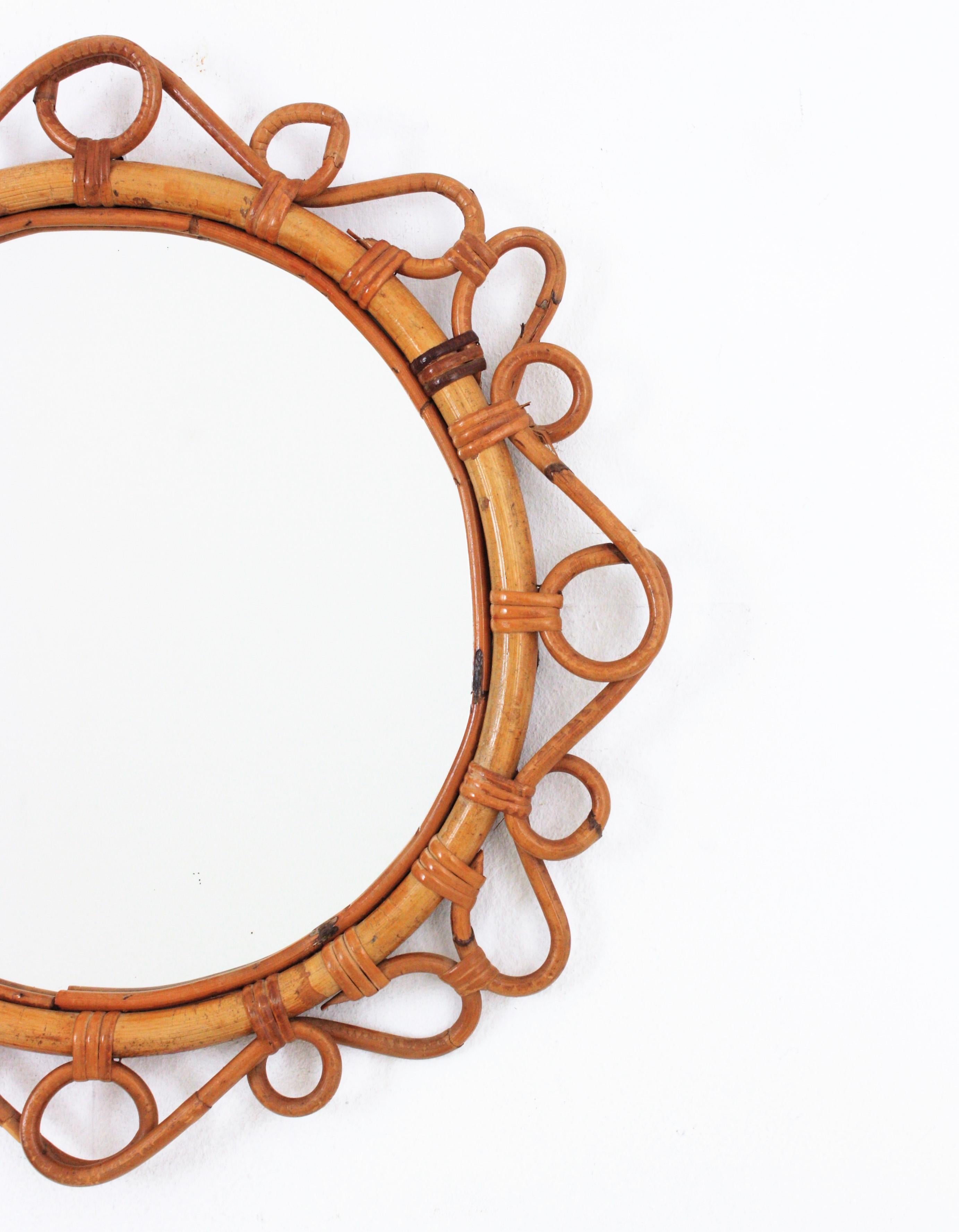 20th Century Spanish Rattan Bamboo Round Mirror, 1960s For Sale