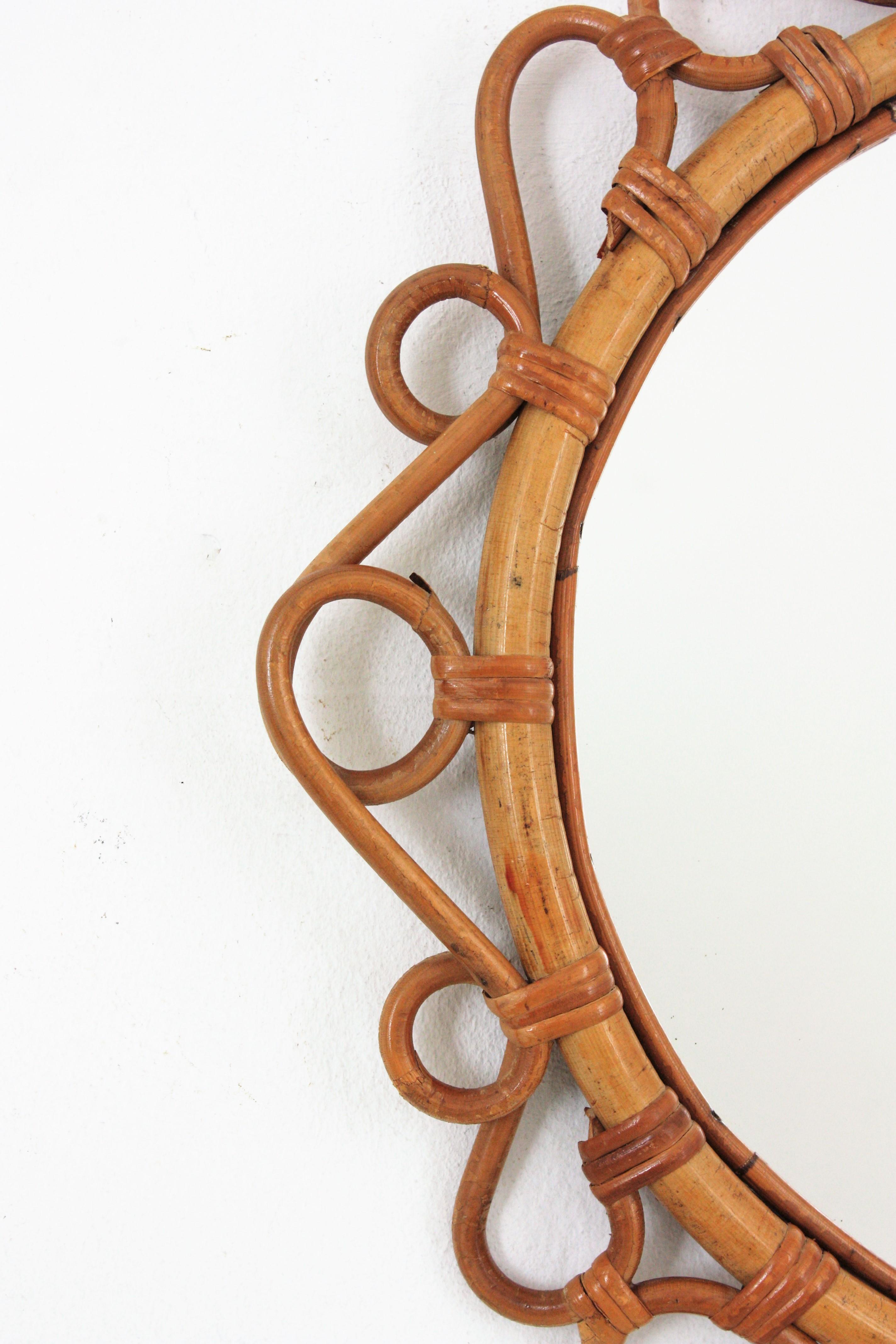 Spanish Rattan Bamboo Round Mirror, 1960s For Sale 1