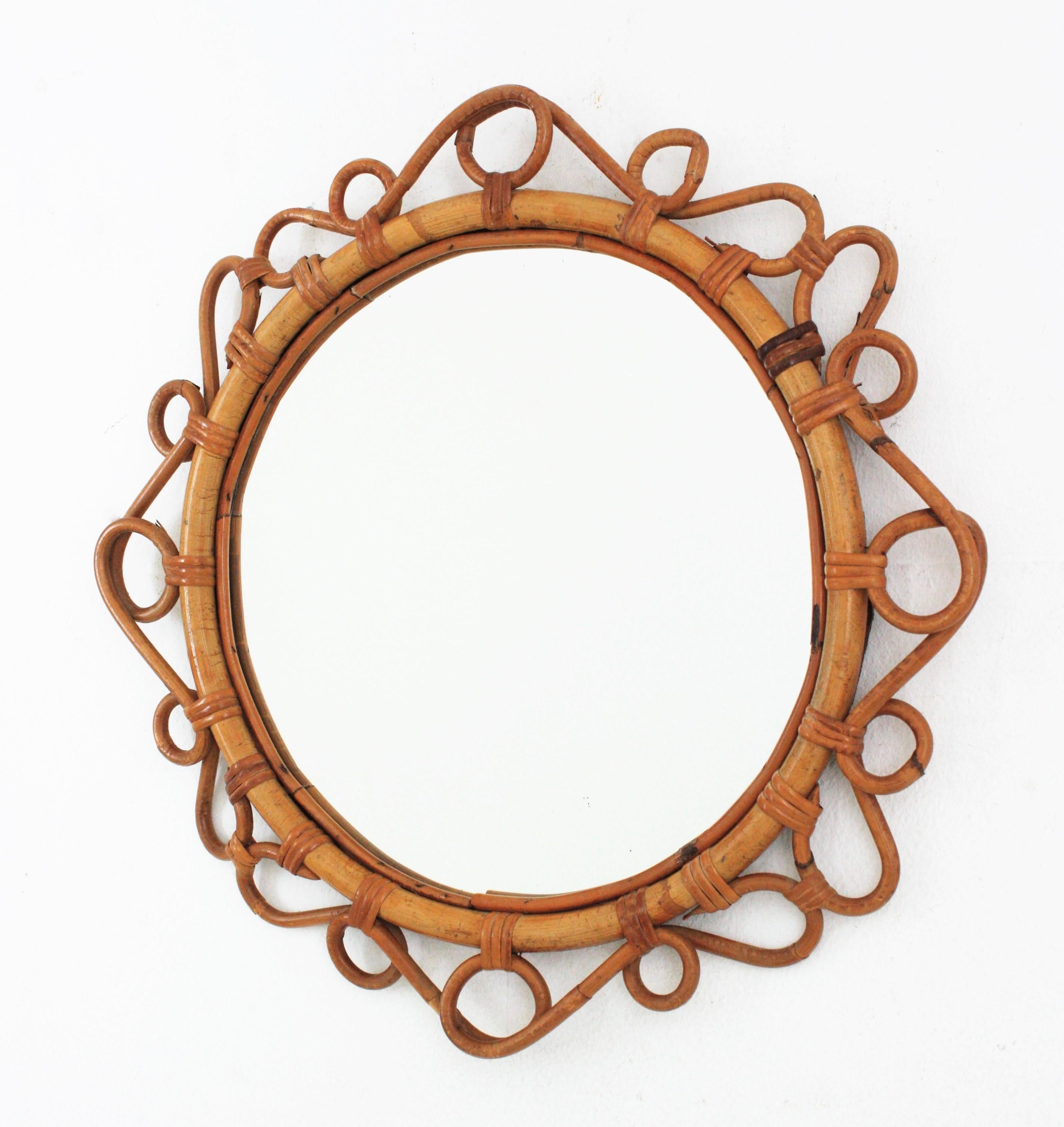 Spanish Rattan Bamboo Round Mirror, 1960s For Sale 2