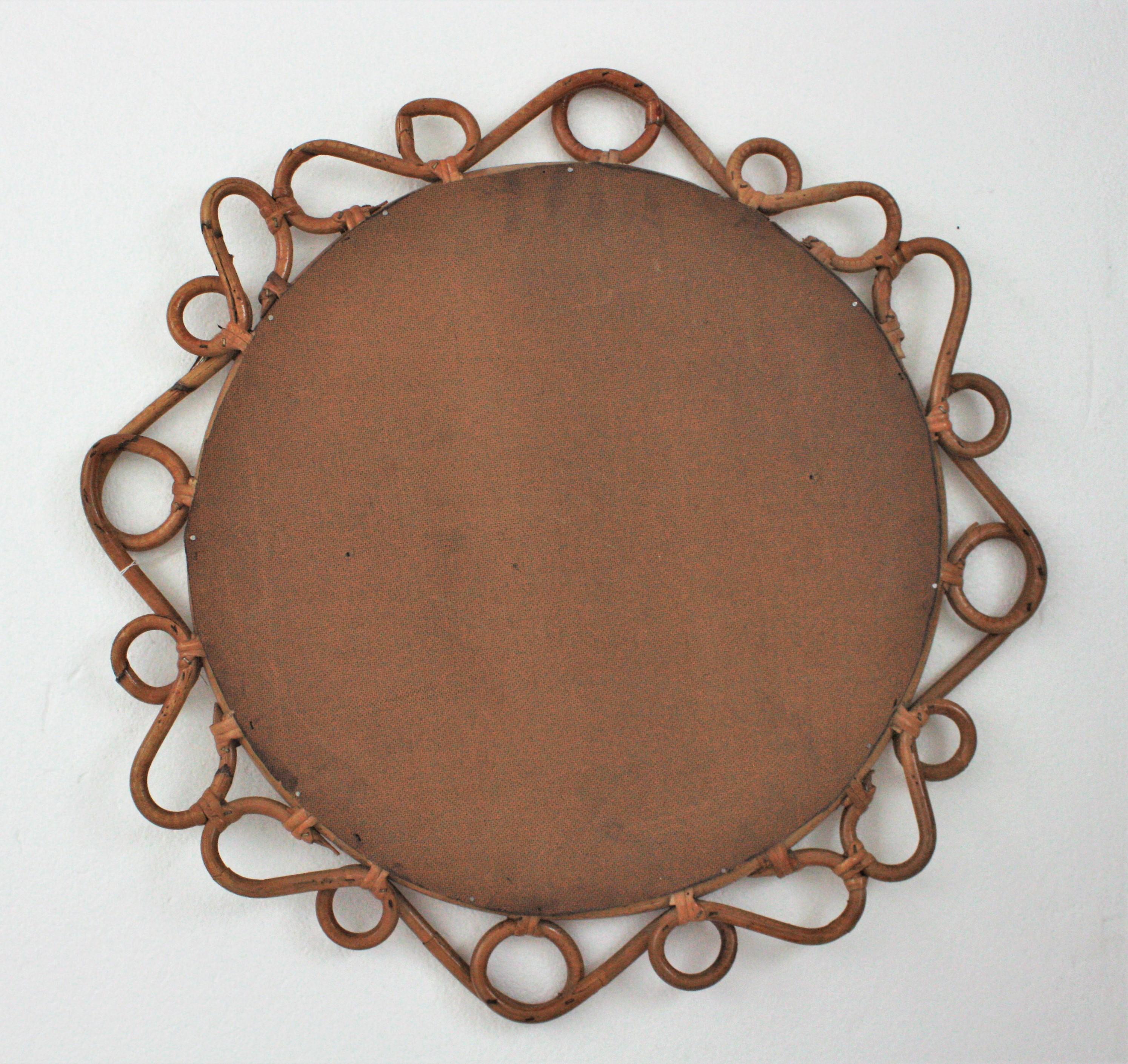 Bambù Specchio rotondo in rattan spagnolo e bambù, anni '60 in vendita