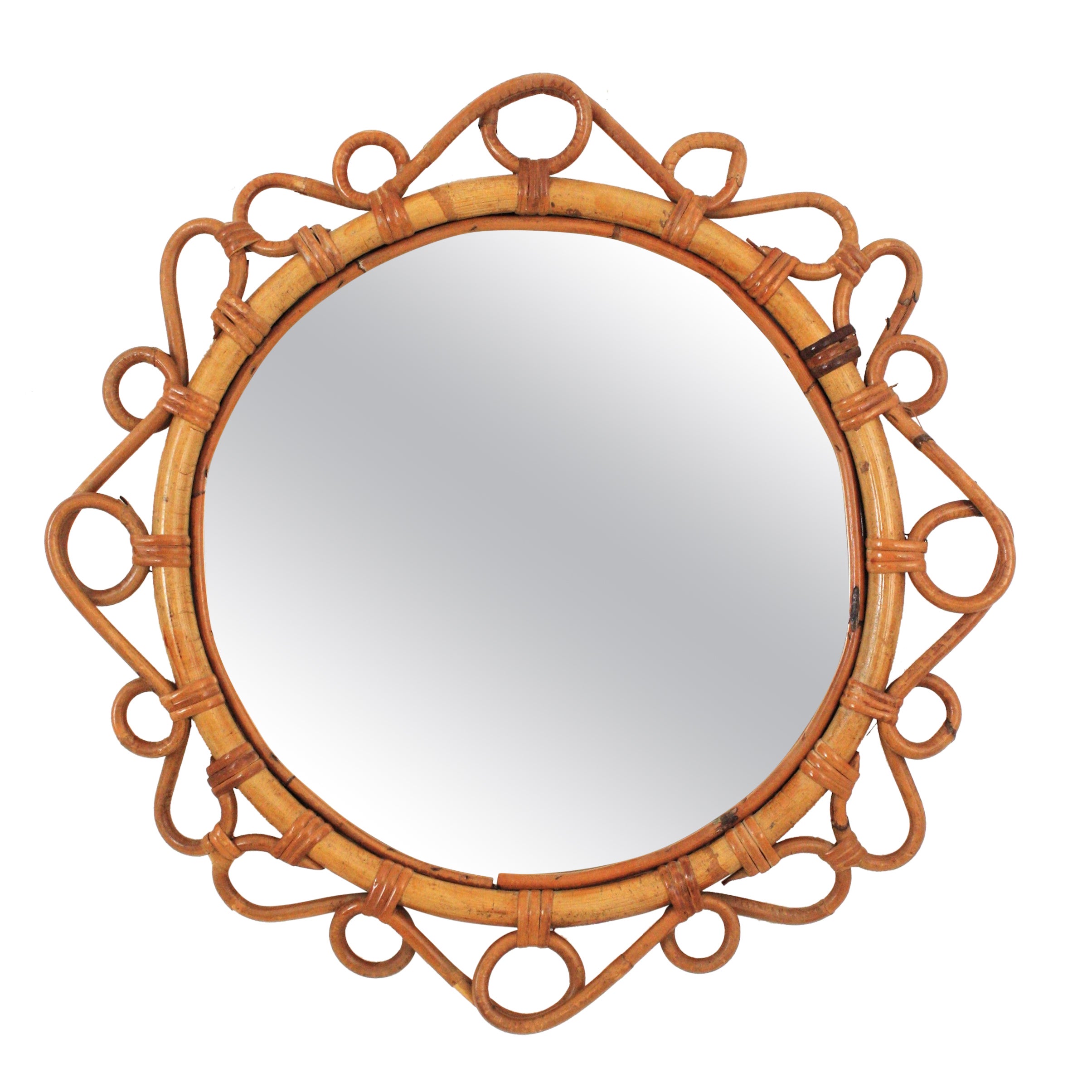 Miroir rond espagnol en bambou et rotin, années 1960