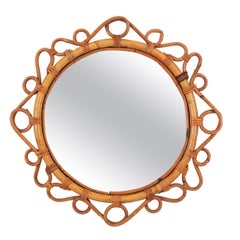 Spanish Rattan Bamboo Round Mirror, 1960s