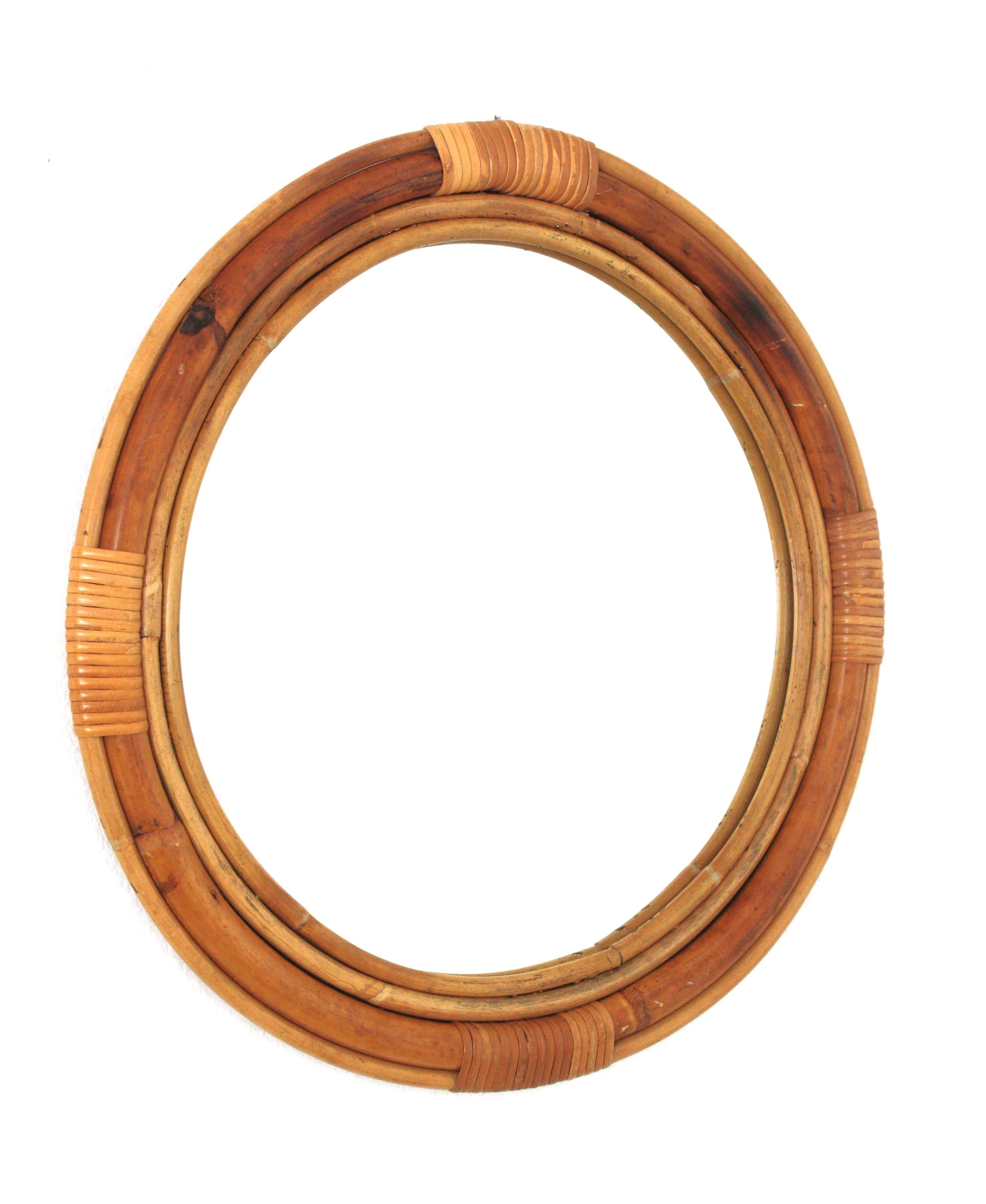 Mid-Century Modern Spanish Rattan Bamboo Round Wall Mirror, 1950s For Sale