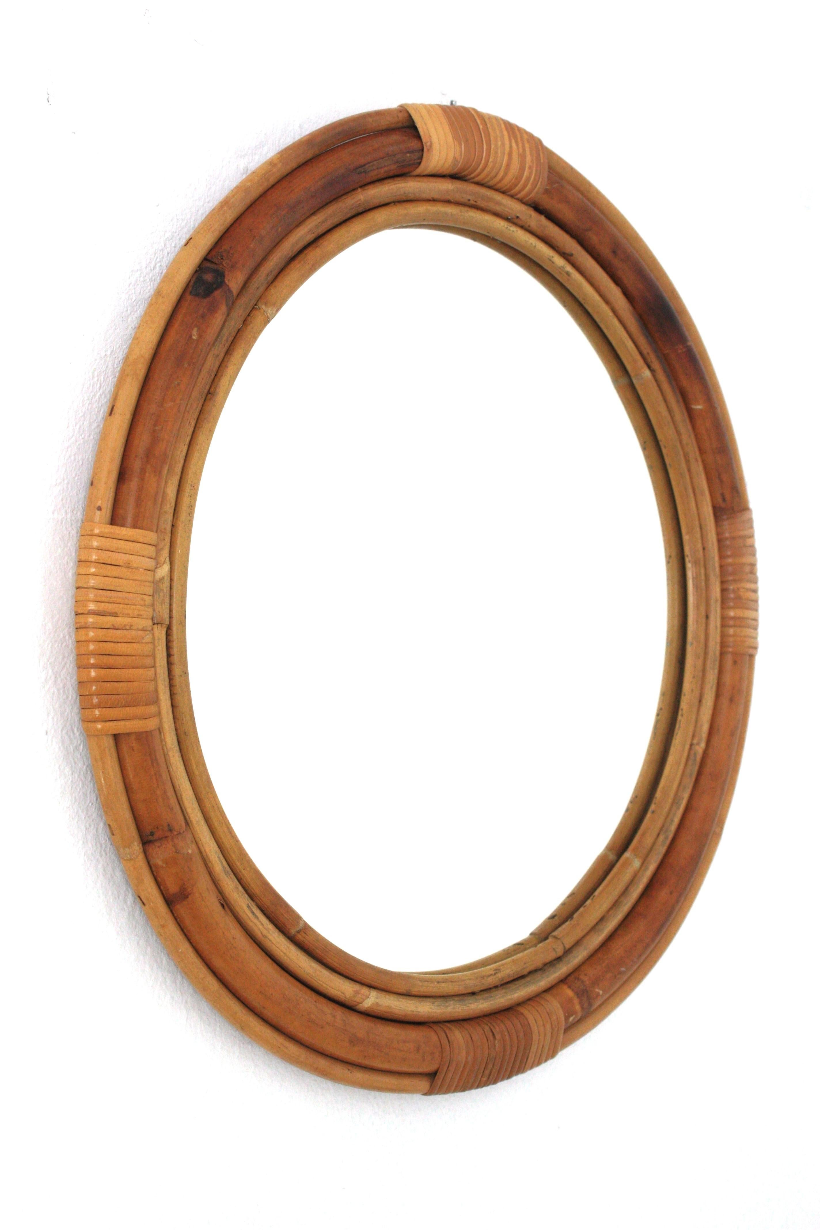 Hand-Crafted Spanish Rattan Bamboo Round Wall Mirror, 1950s For Sale