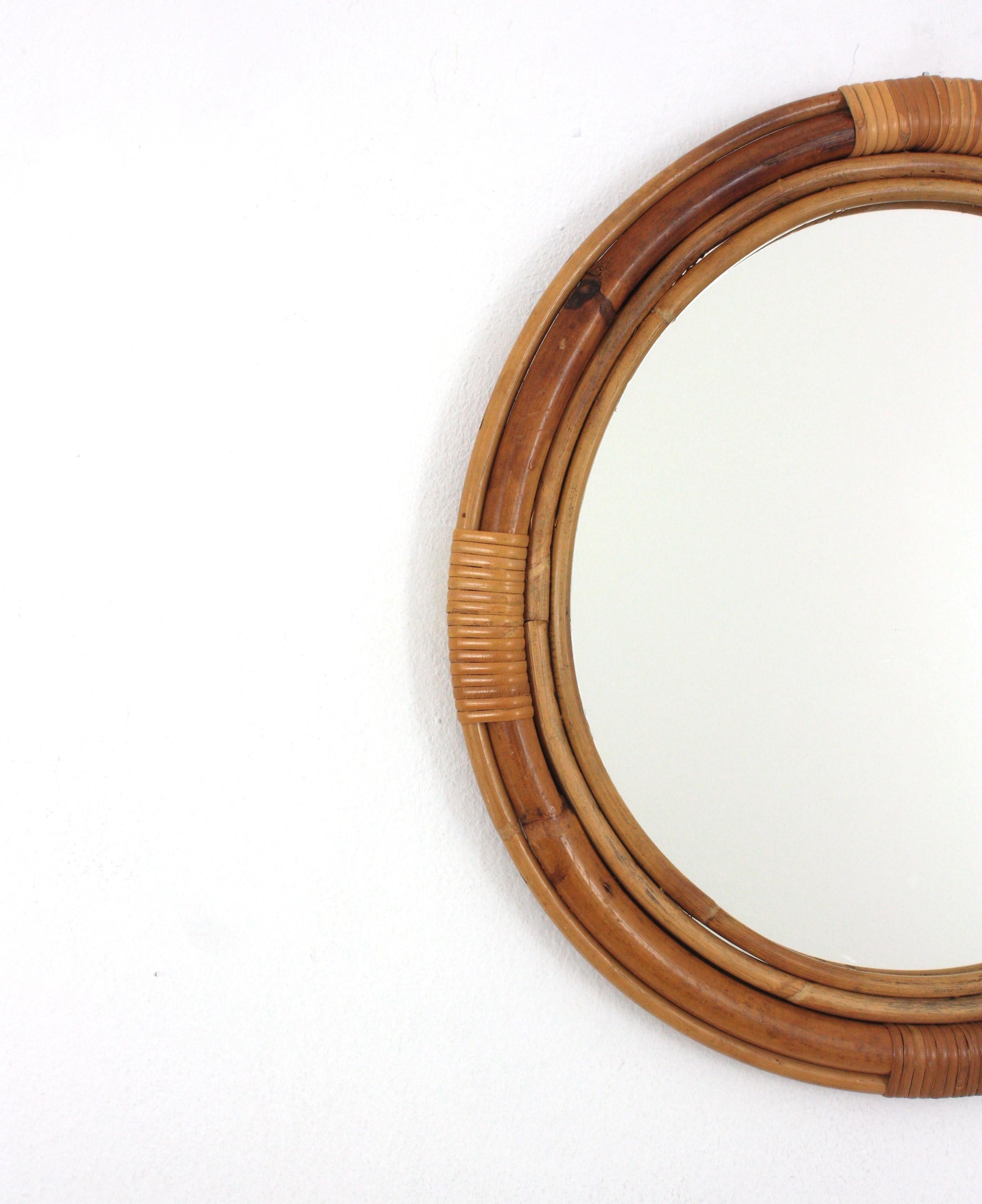 20th Century Spanish Rattan Bamboo Round Wall Mirror, 1950s For Sale