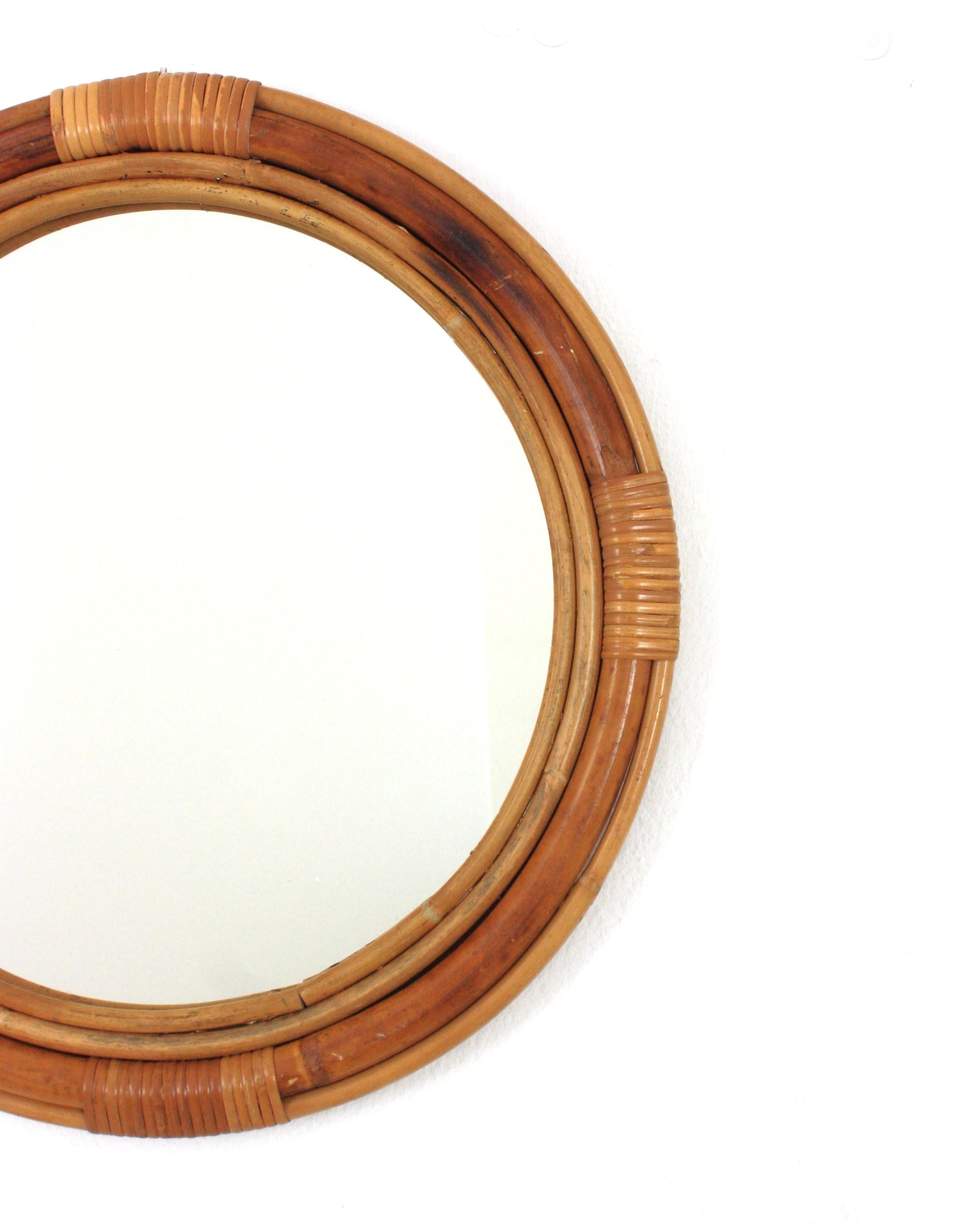 Spanish Rattan Bamboo Round Wall Mirror, 1950s For Sale 1