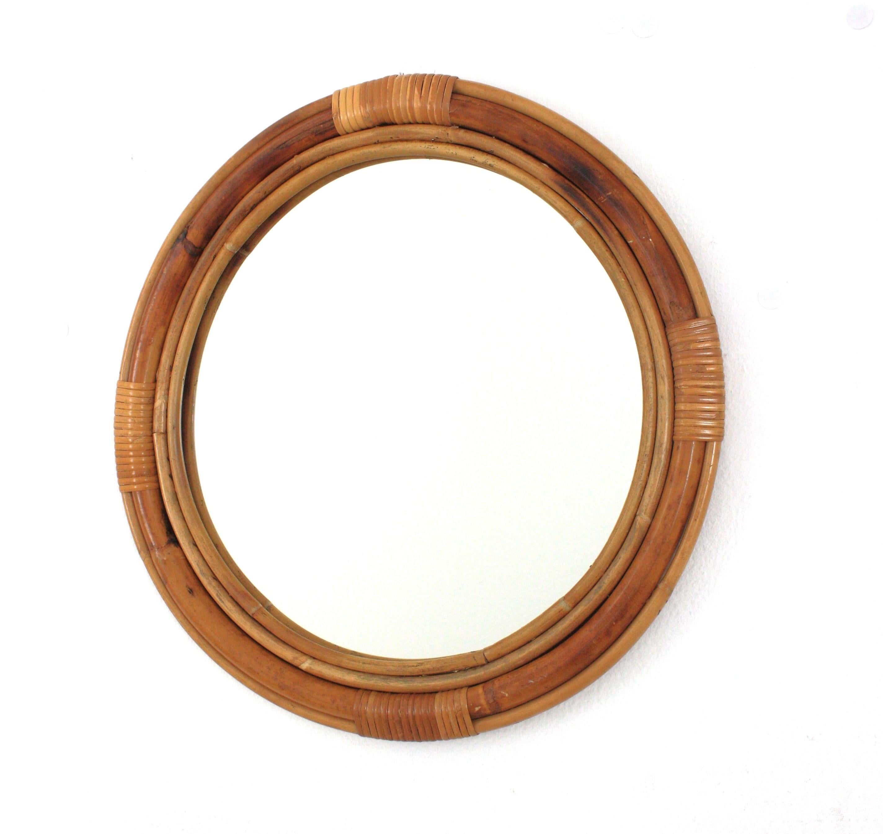Spanish Rattan Bamboo Round Wall Mirror, 1950s For Sale 2