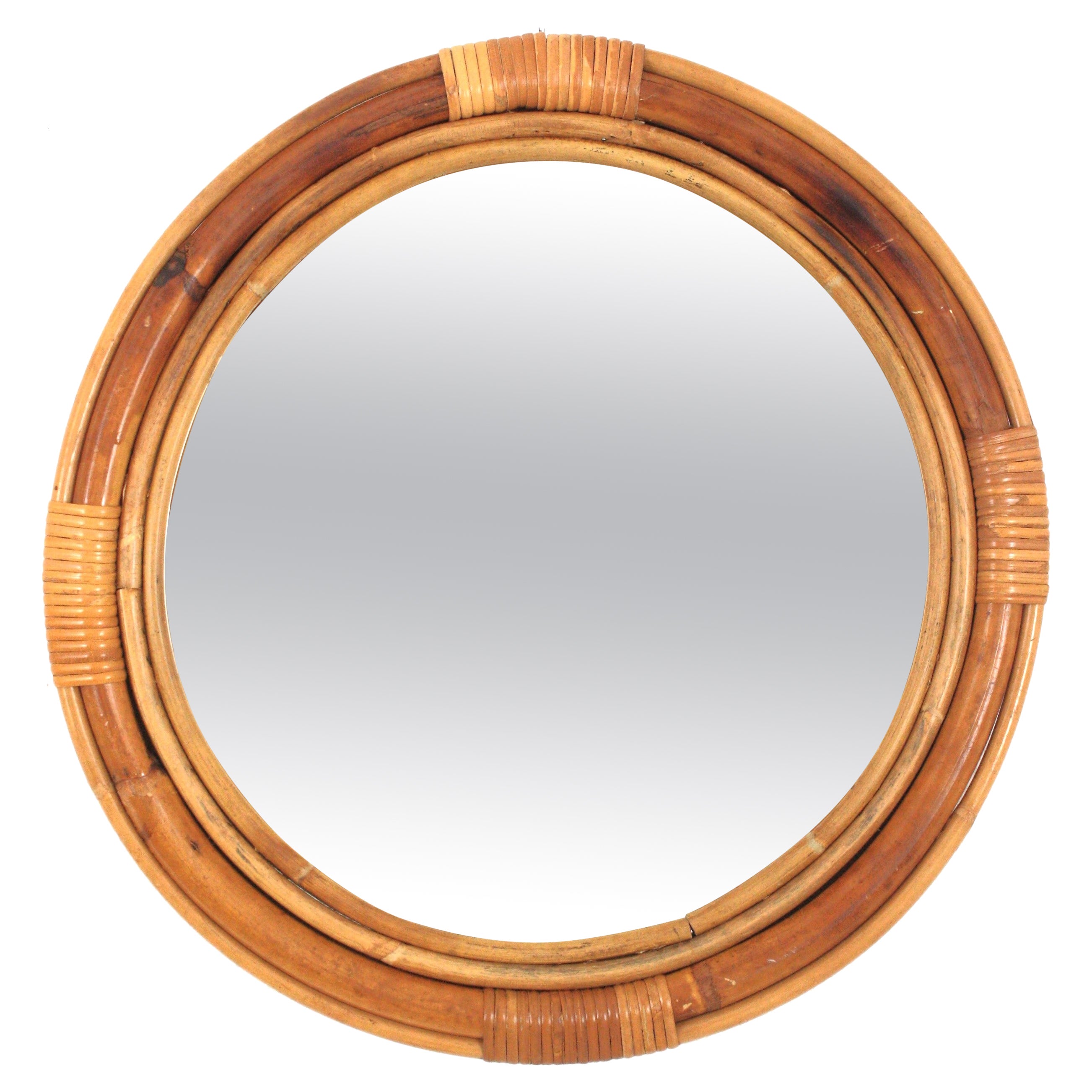 Specchio da parete rotondo in rattan spagnolo e bambù, anni '50