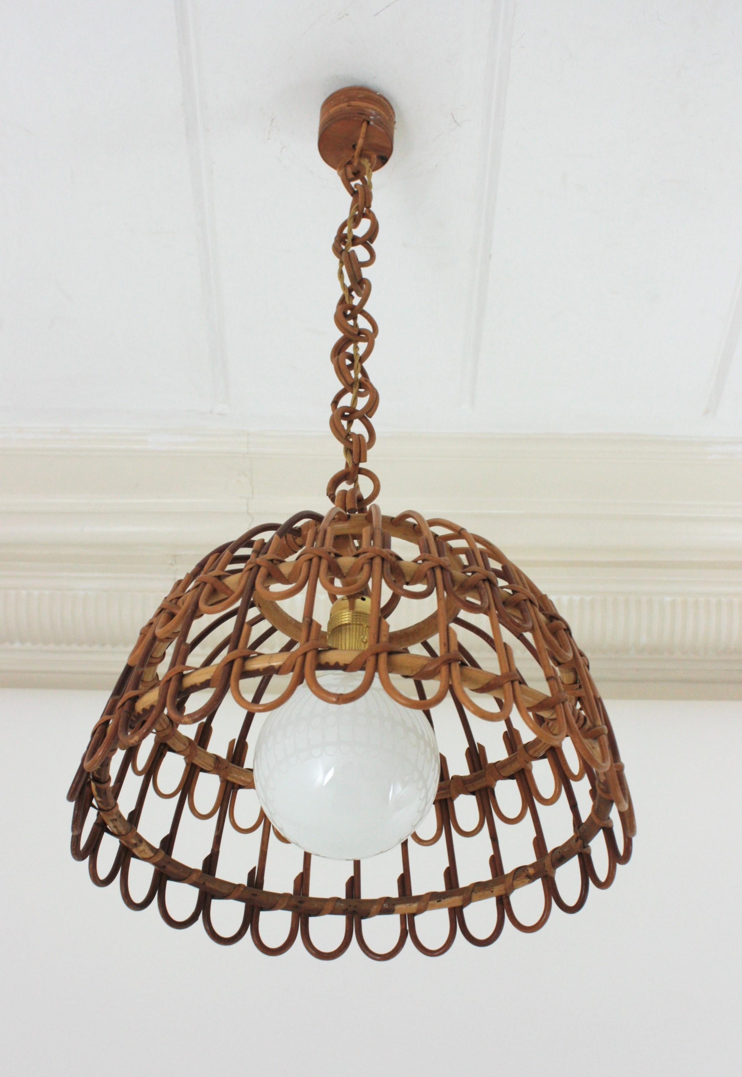 Spanish Rattan Bell Pendant Hanging Lamp, 1960s 2