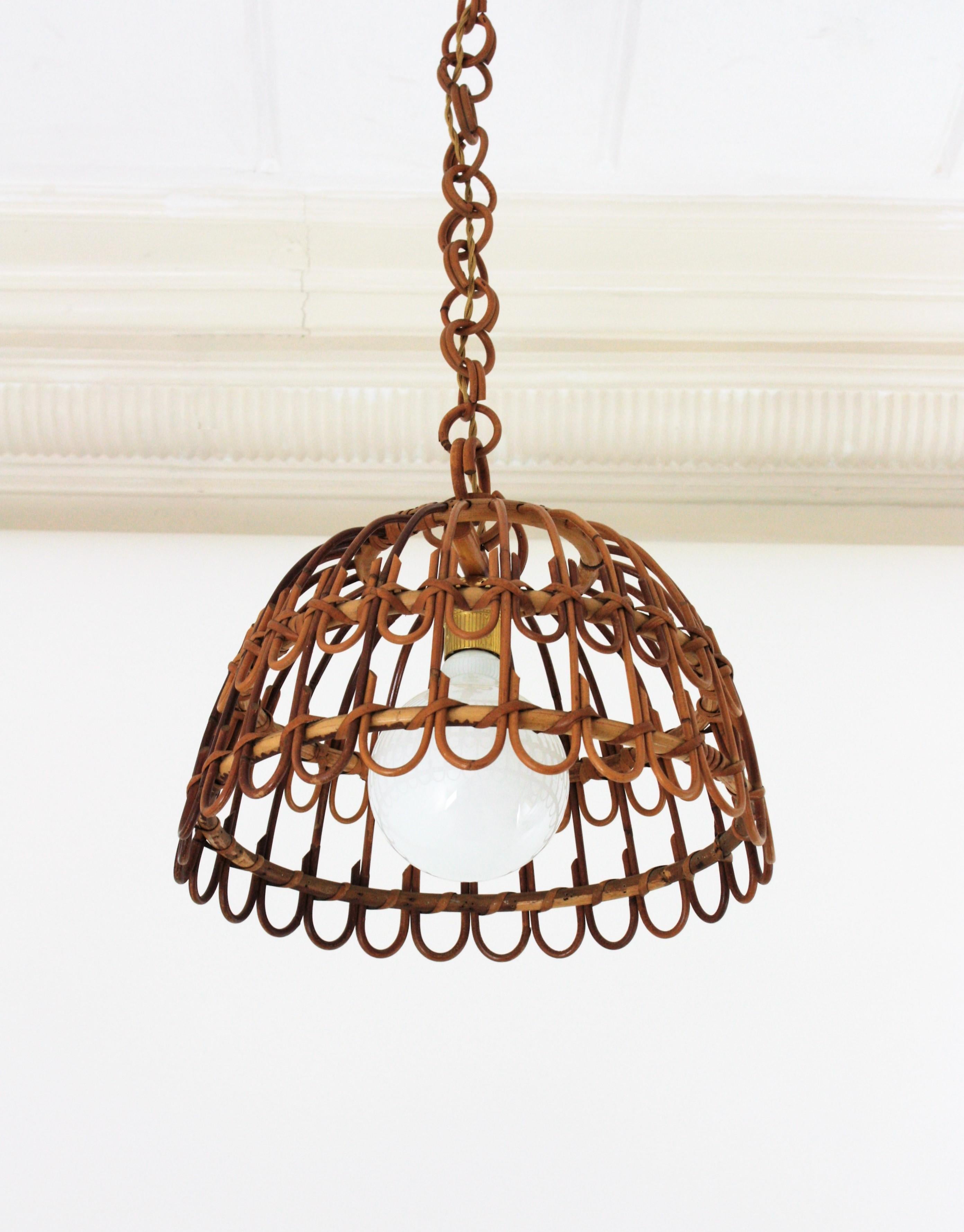 Spanish Rattan Bell Pendant Hanging Lamp, 1960s 3