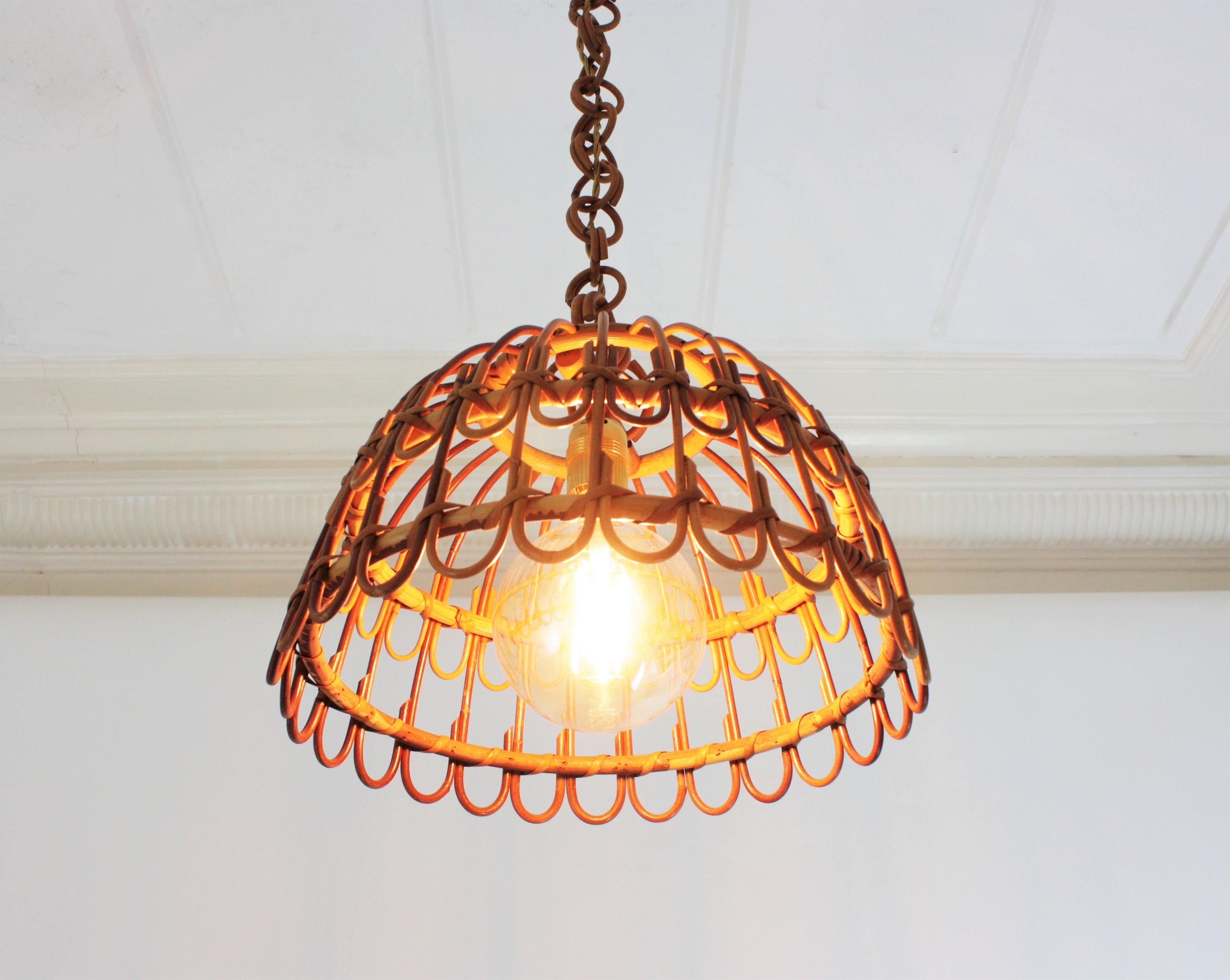 Spanish Rattan Bell Pendant Hanging Lamp, 1960s 12