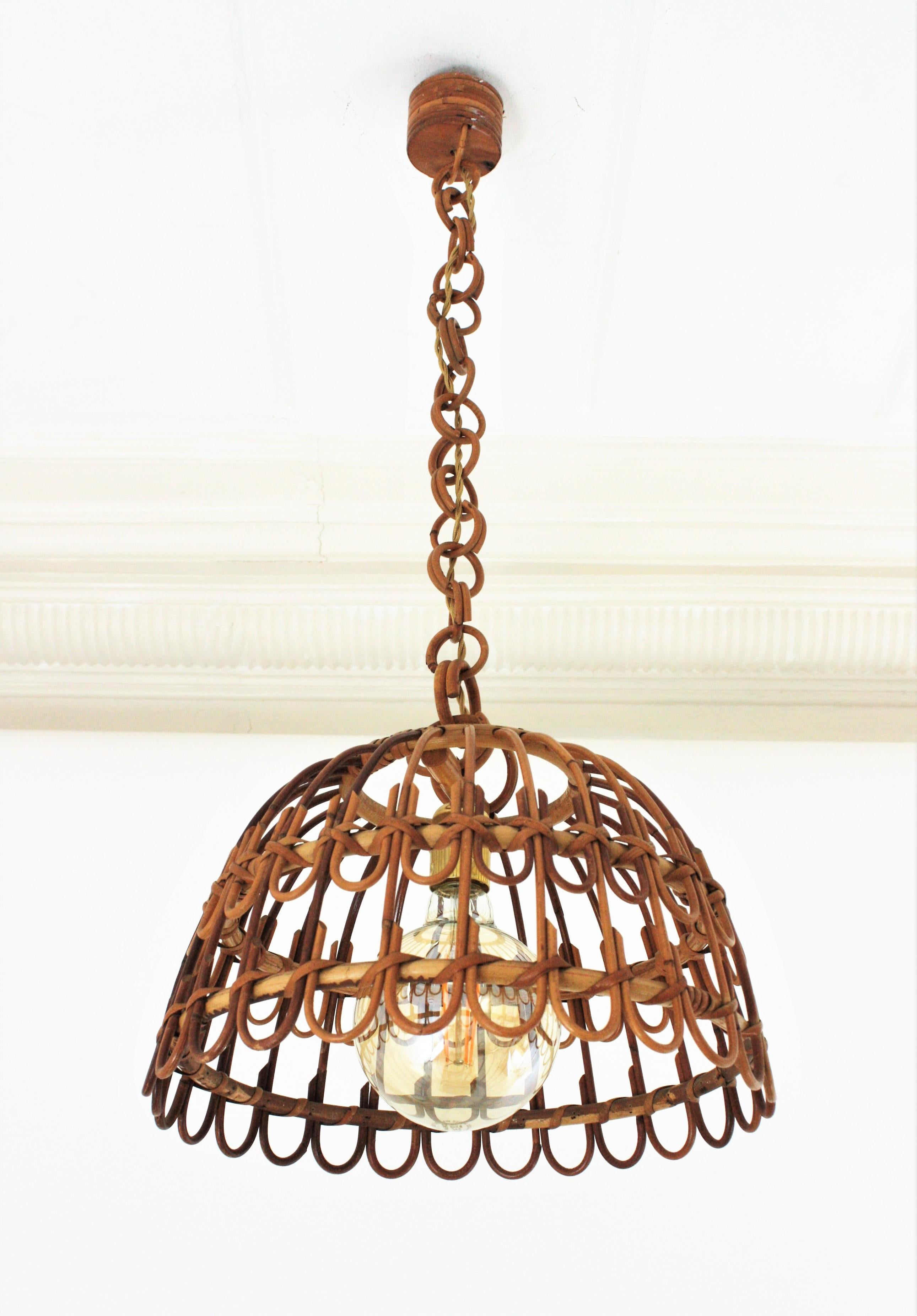 Hand-Crafted Spanish Rattan Bell Pendant Hanging Lamp, 1960s