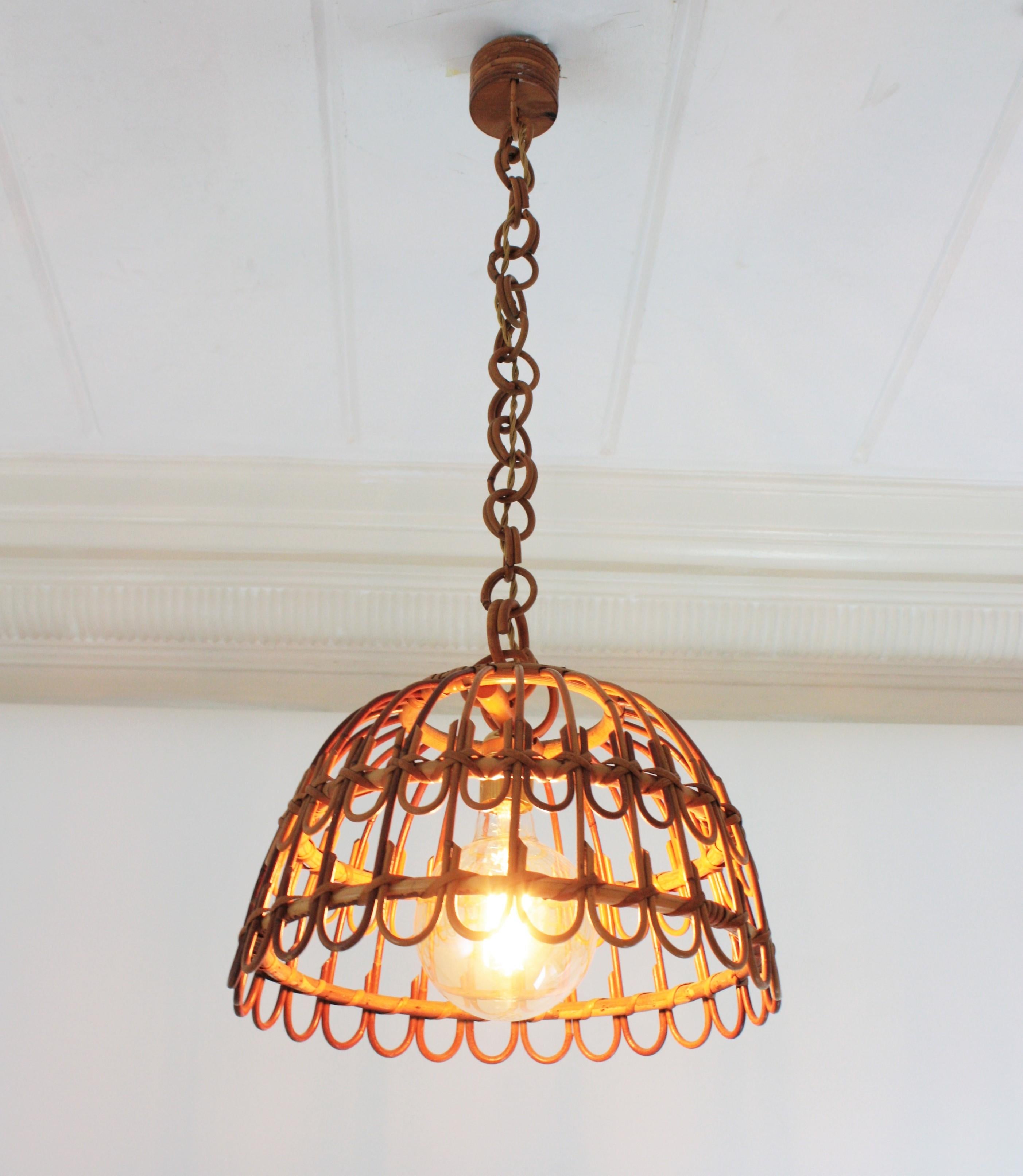 Spanish Rattan Bell Pendant Hanging Lamp, 1960s In Good Condition In Barcelona, ES