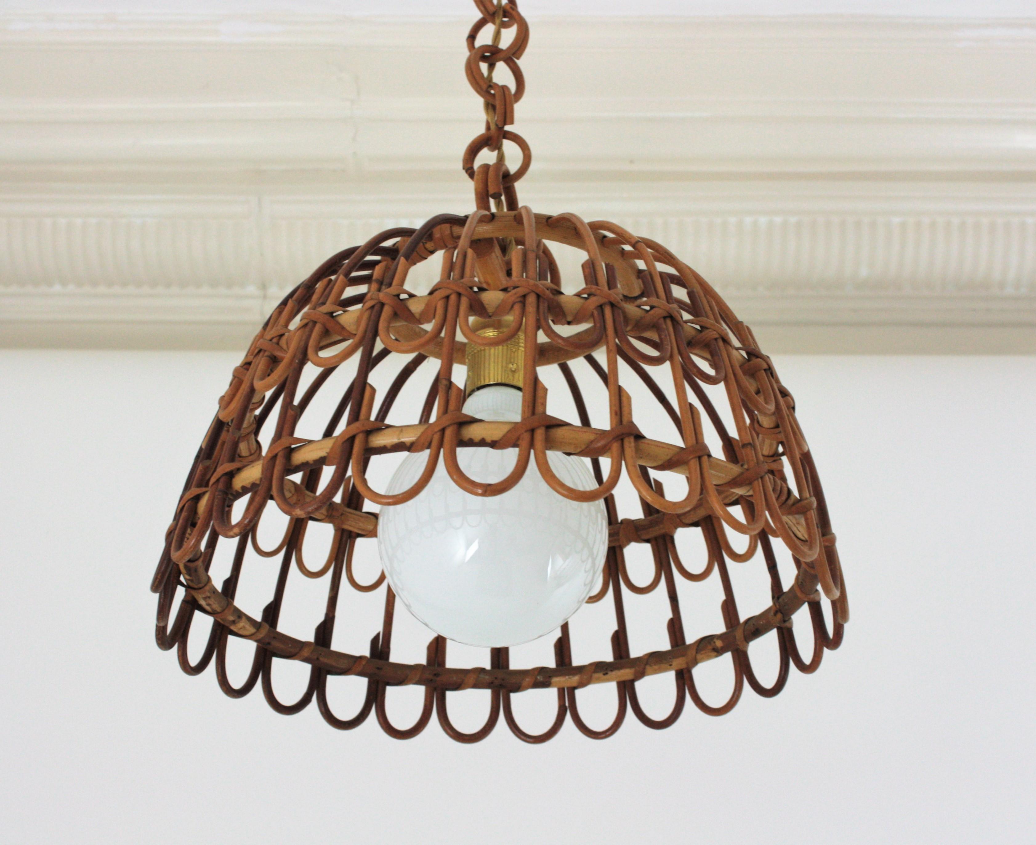 Spanish Rattan Bell Pendant Hanging Lamp, 1960s 1