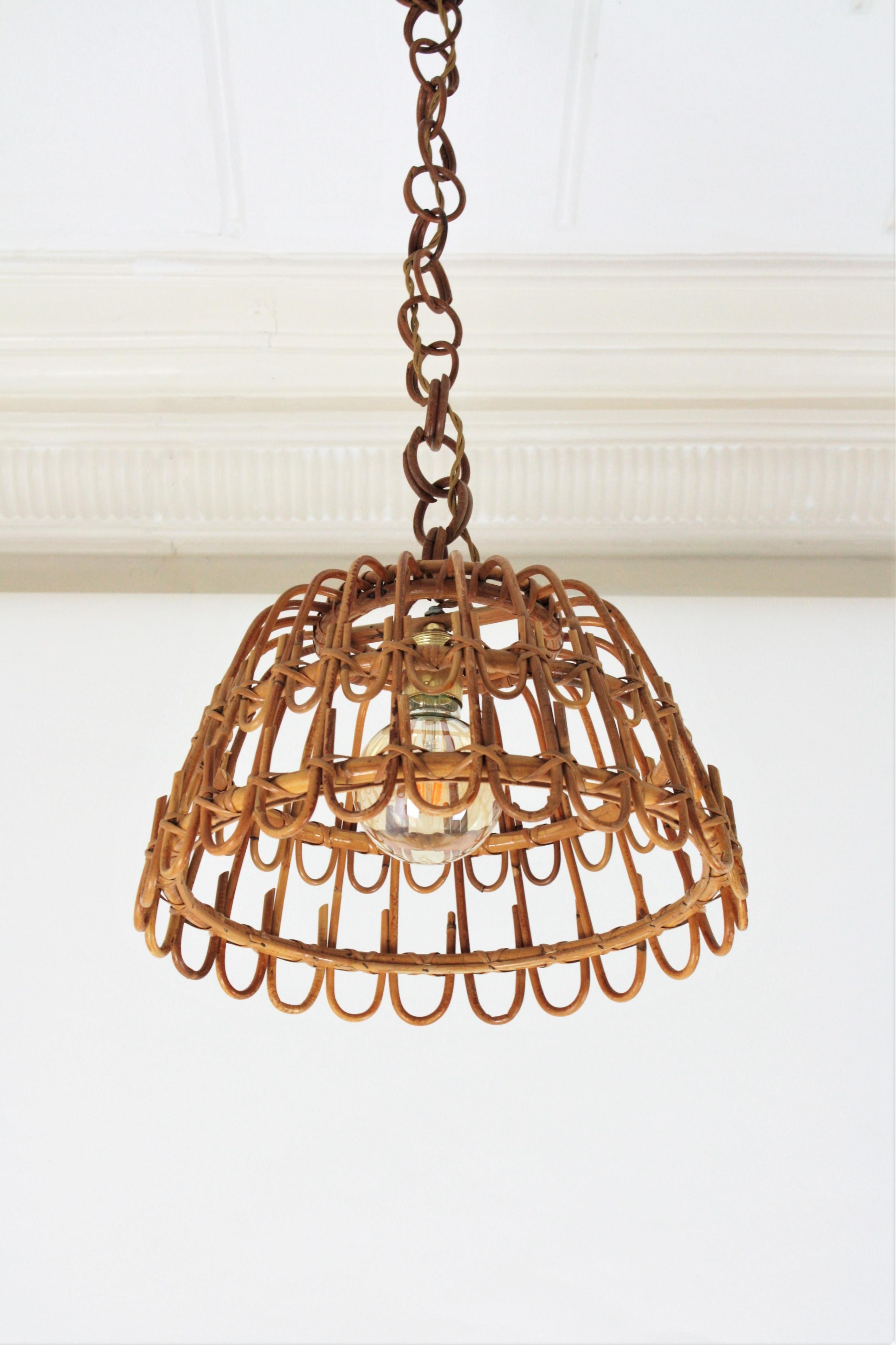 Spanish Rattan Bell Pendant or Hanging Light, 1960s 8